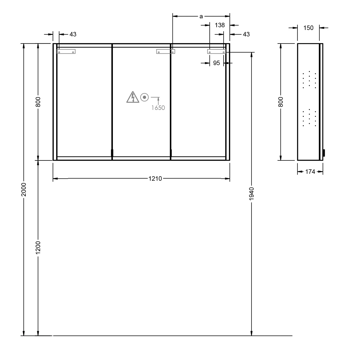 Rysunek techniczny szafki z lustrem 121 cm, Burgbad
