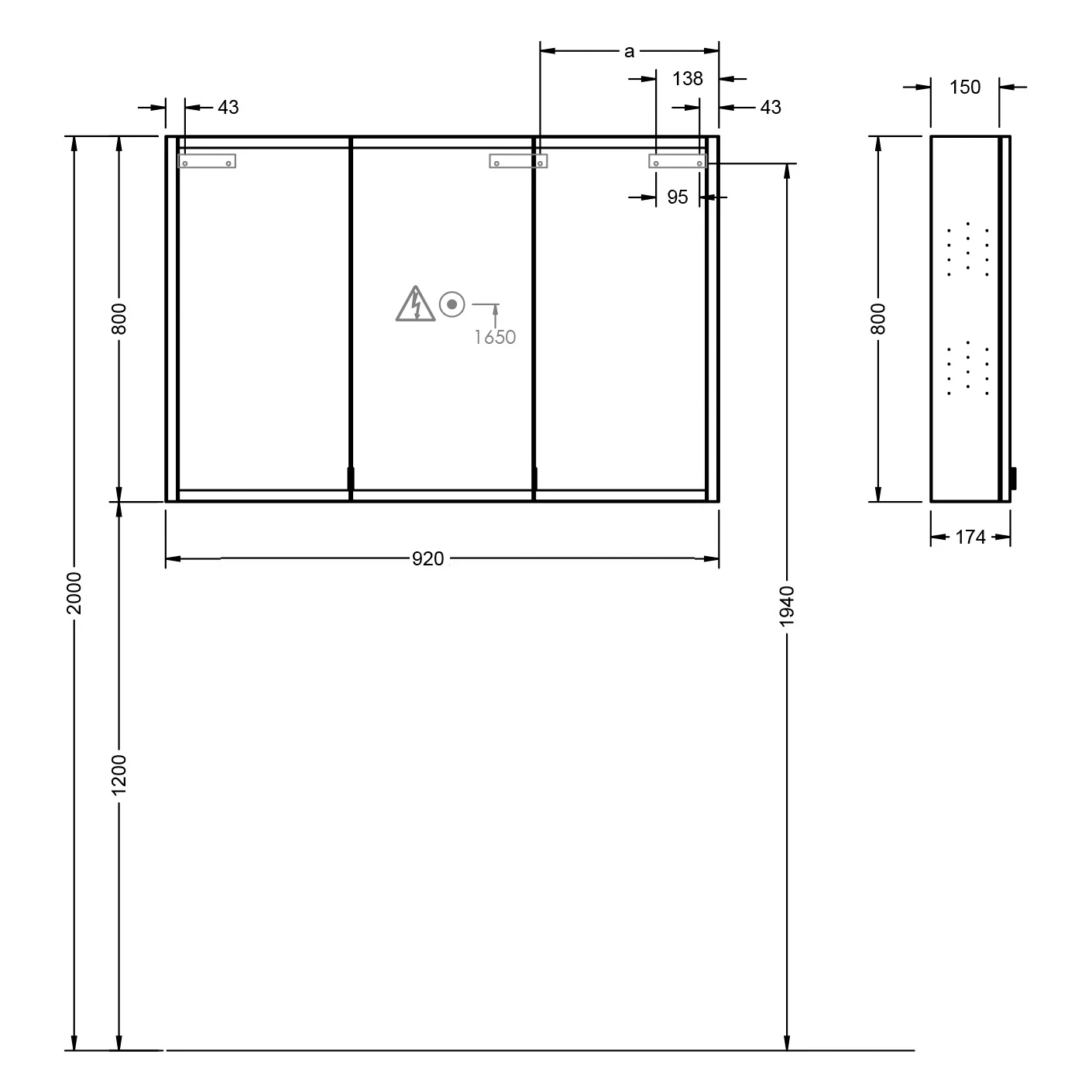 Rysunek techniczny szafki z lustrem o szerokości 92 cm, Burgbad