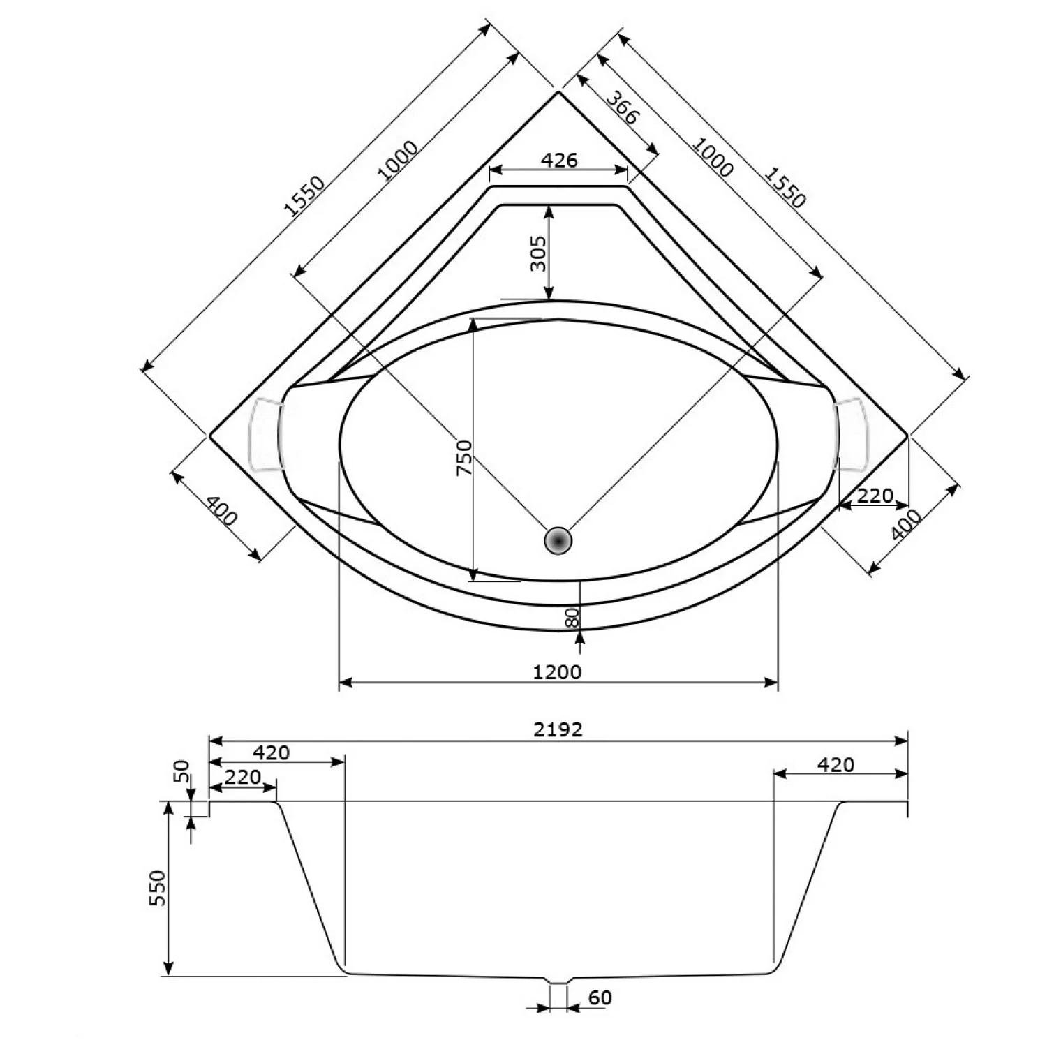 Caribia Apollo Badewanne 155 x 155 cm ohne Schürze Bild 3