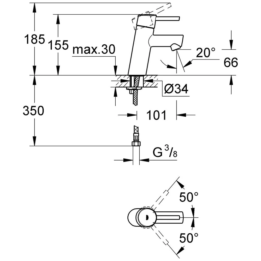 Rysunek techniczny baterii umywalkowej z wymiarami, Grohe