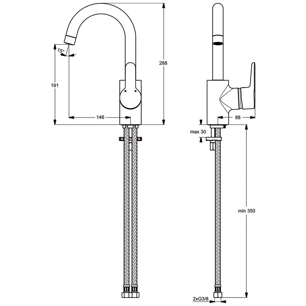 Rysunek techniczny baterii z wymiarami, Ideal Standard