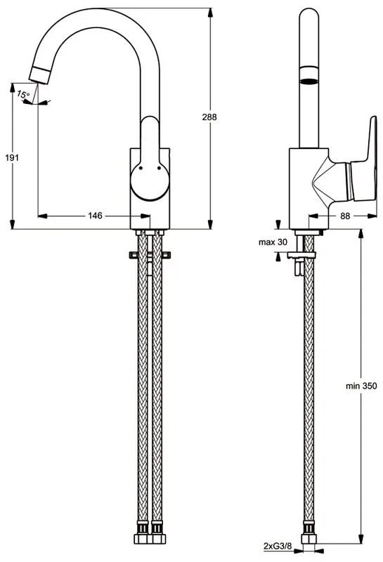 Rysunek techniczny baterii kuchennej z wymiarami, Ideal Standard