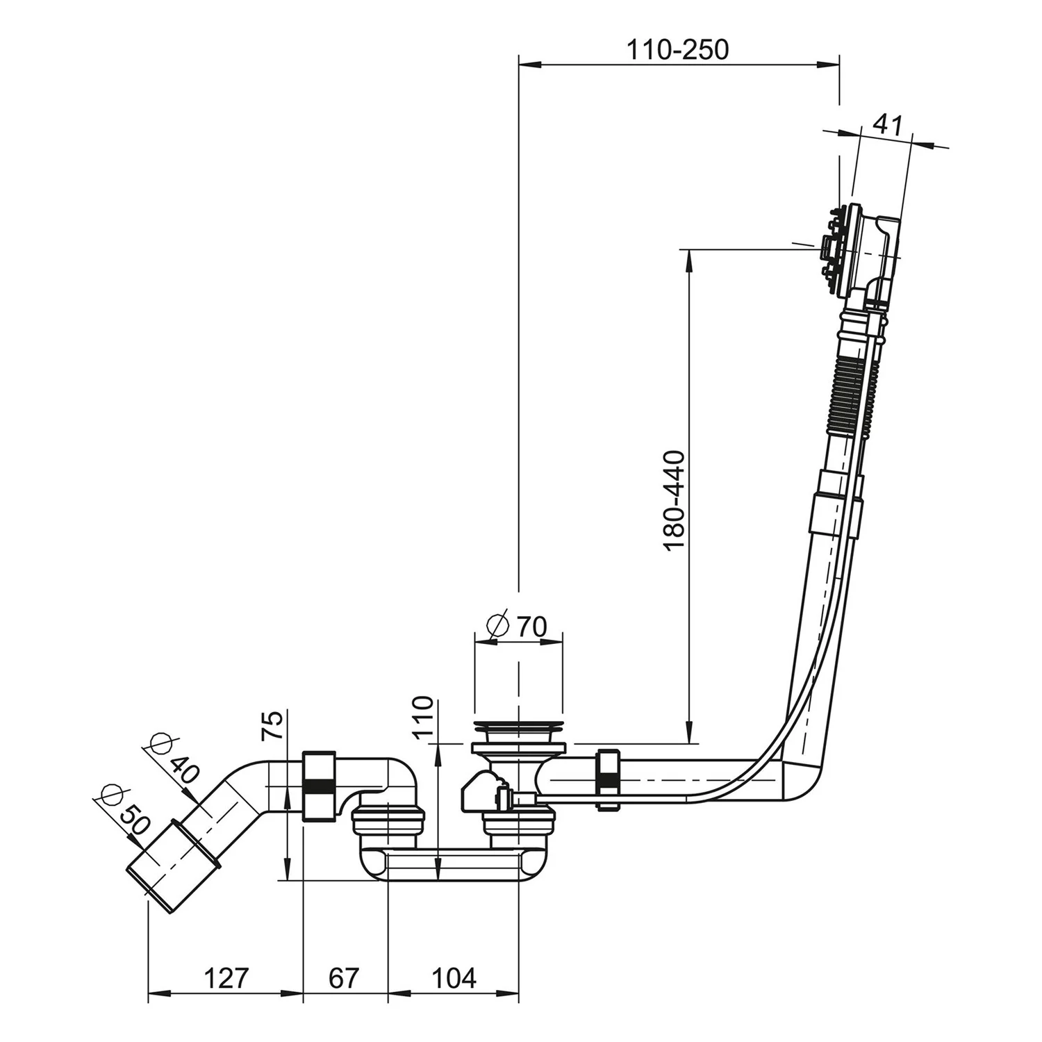 delphis Xpert SWING Badewannen-Funktionseinheit Höhe GV 110 mm für Normalwannen, Bowdenzug 650 mm Bild 2