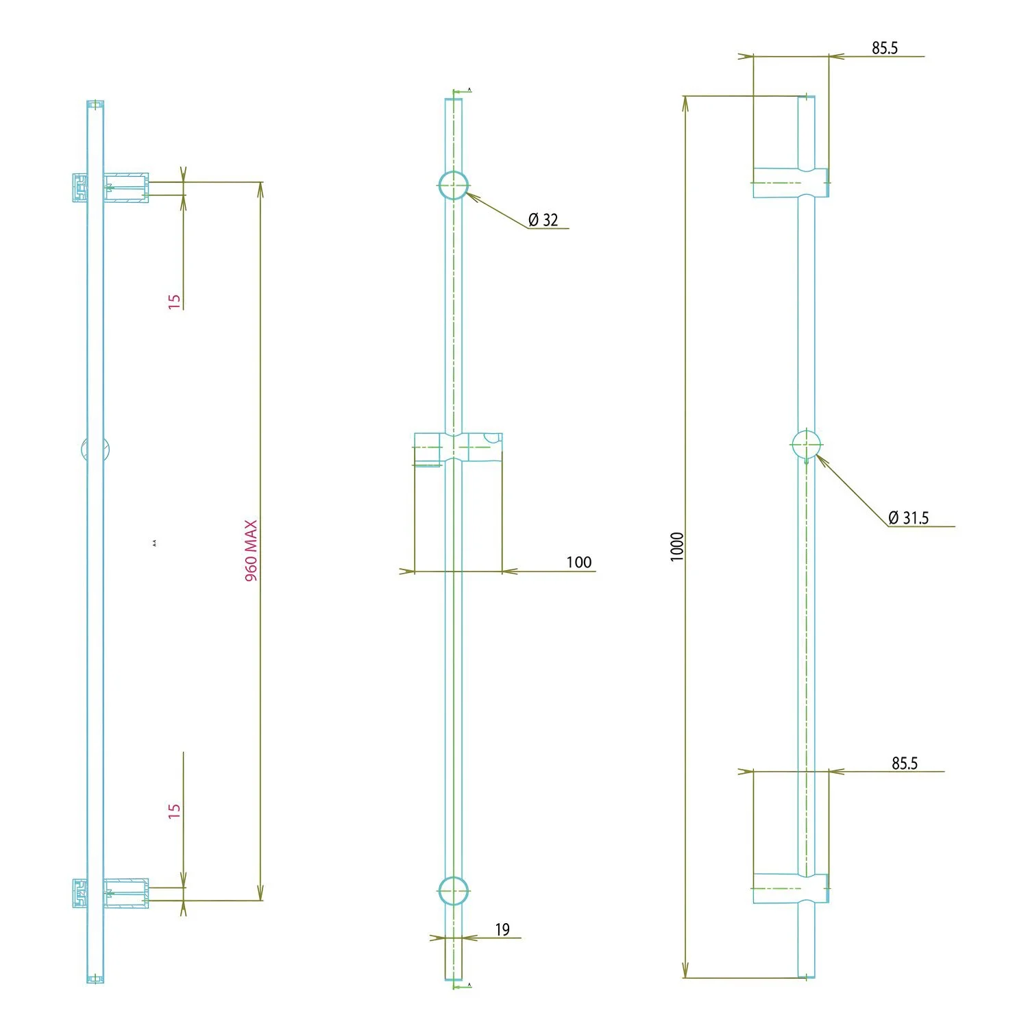 delphis living Wandstange verstellbare Wandbefestigungen aus ABS 1000 mm Bild 2