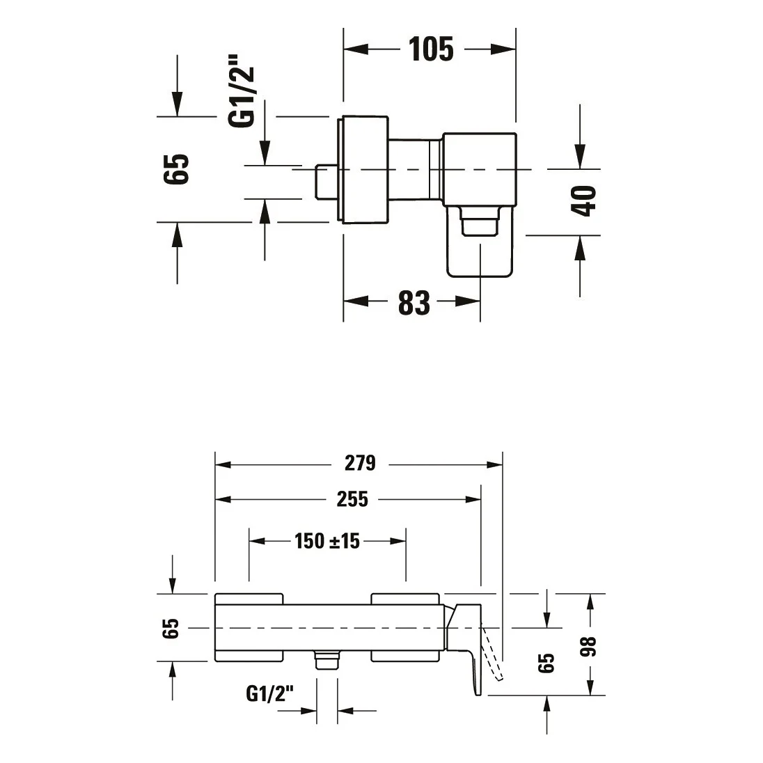 Rysunek techniczny armatury prysznicowej z wymiarami, Duravit