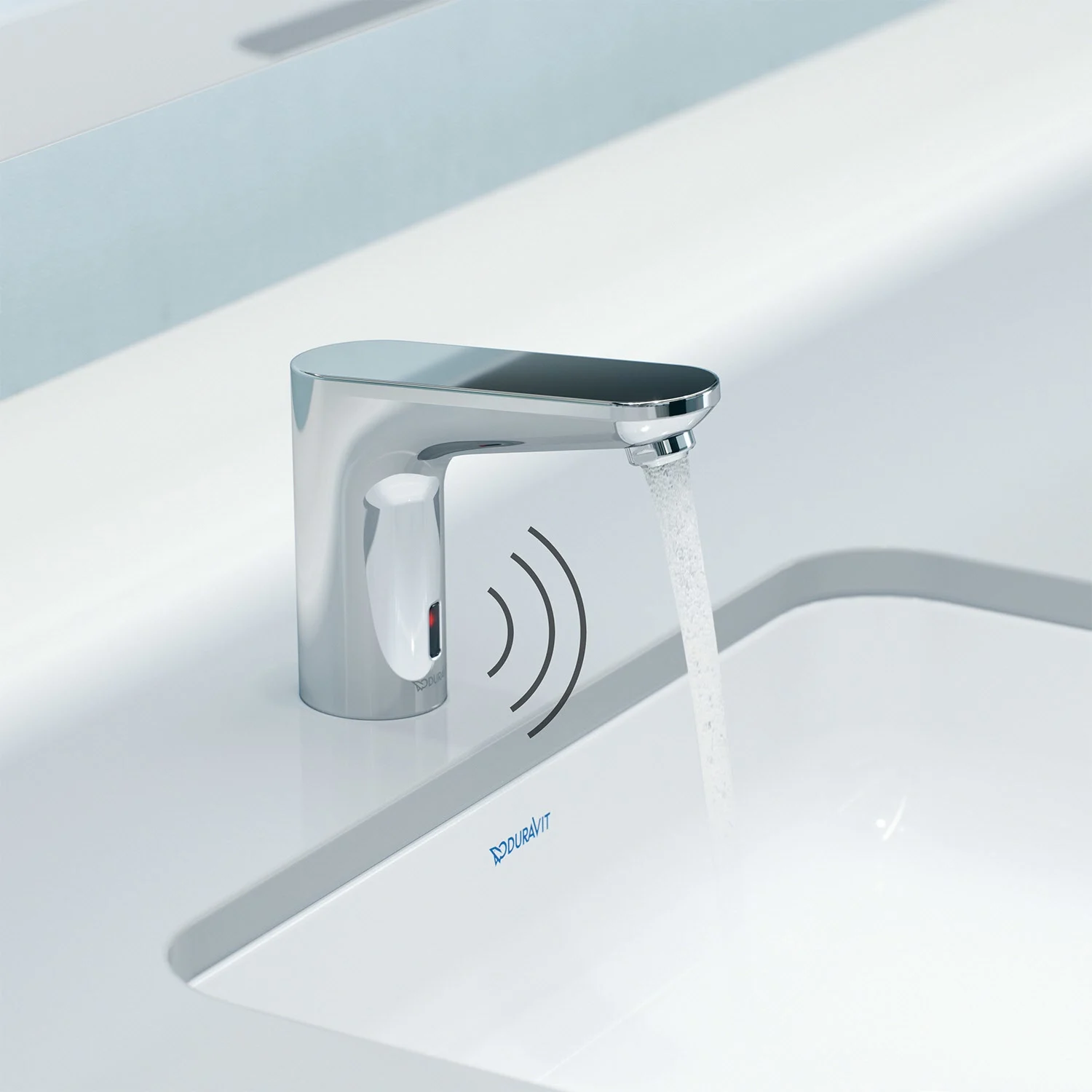 Bateria sensorowa z bliska z strumieniem wody, Duravit