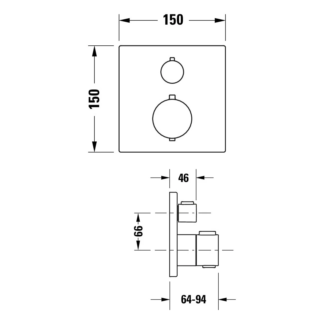 Rysunek techniczny termostatu podtynkowego z wymiarami, Duravit