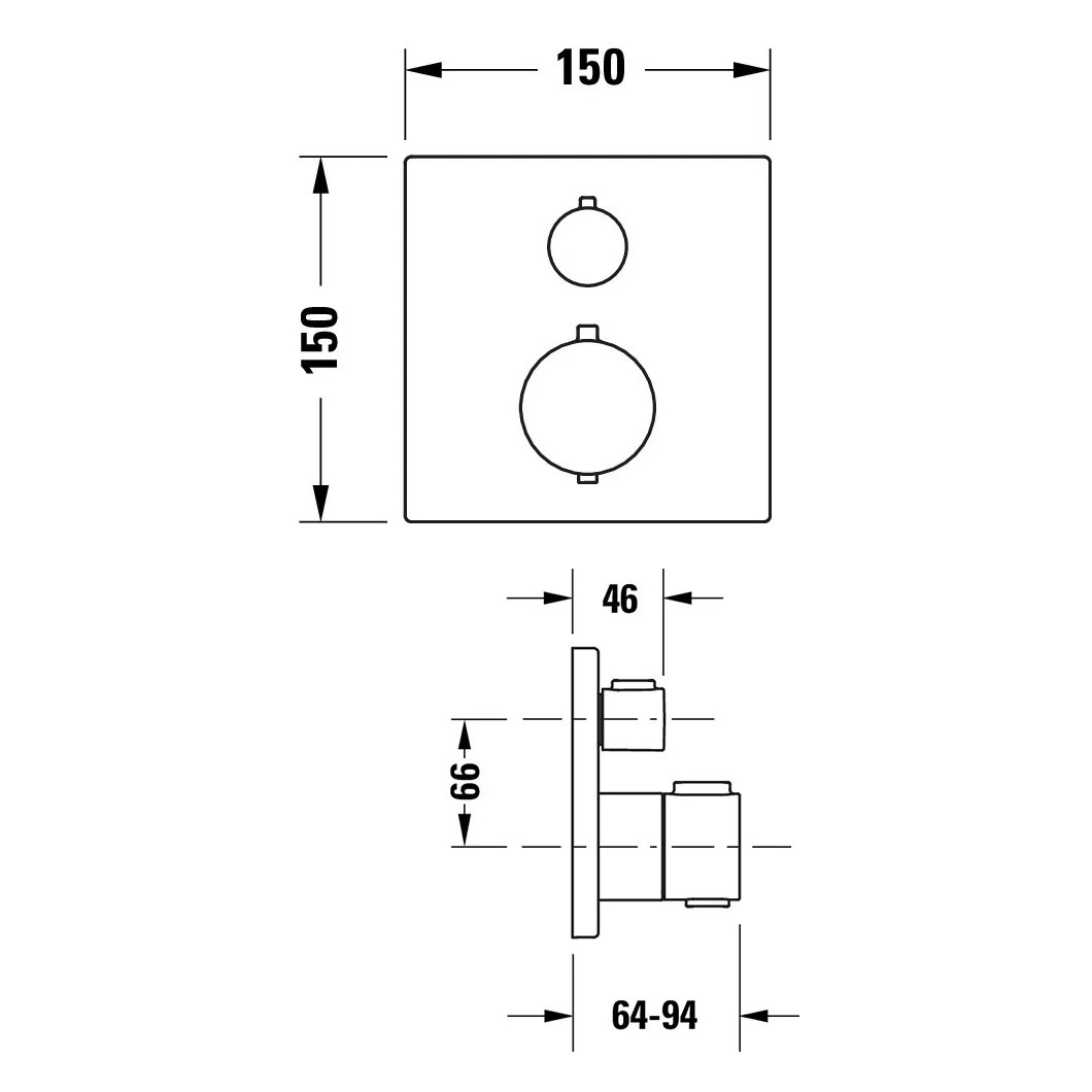 Rysunek techniczny termostatu podtynkowego z wymiarami, Duravit