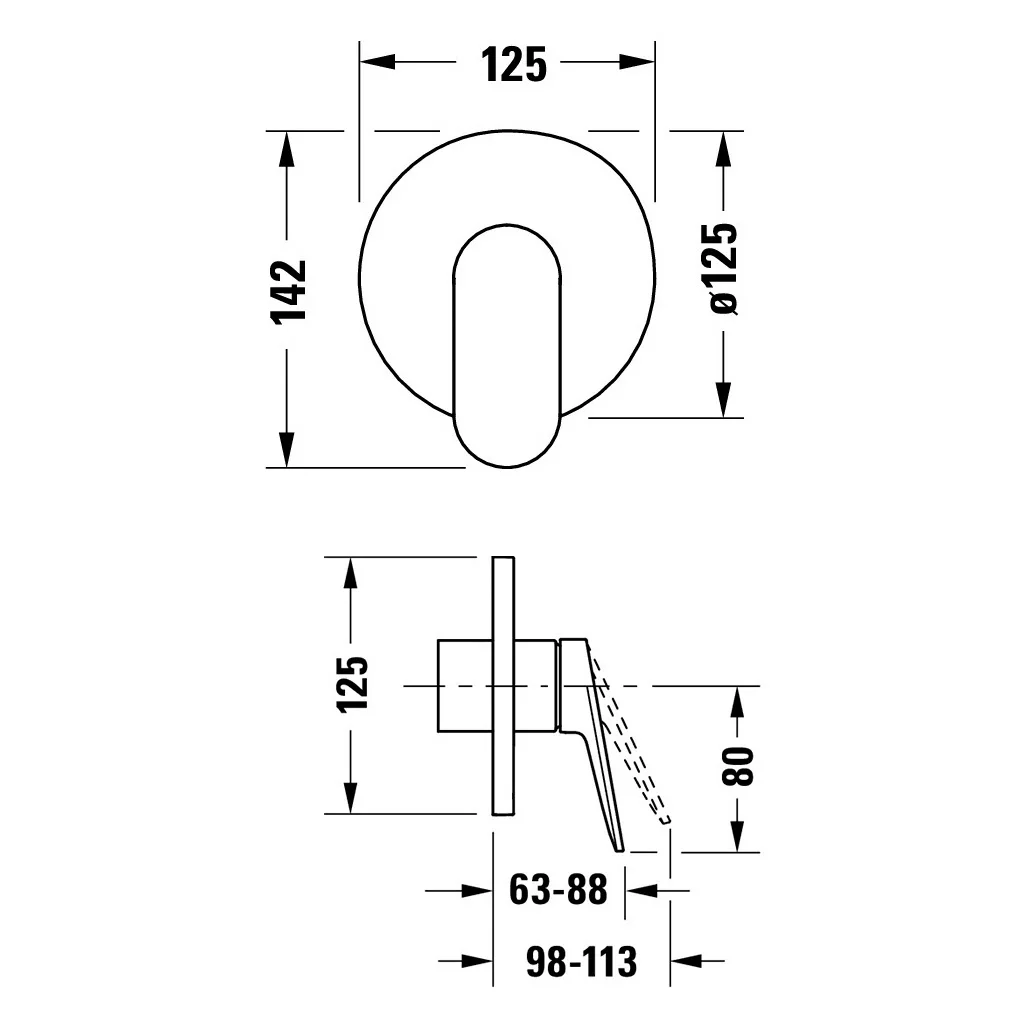 Rysunek techniczny mieszacza prysznicowego z wymiarami, Duravit