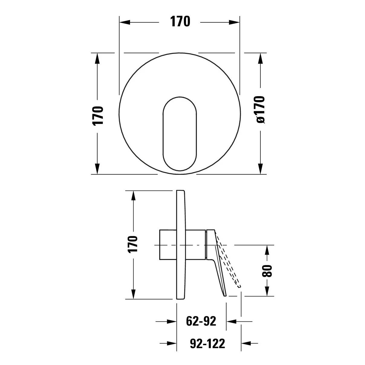 Rysunek techniczny mieszacza prysznicowego z wymiarami, Duravit