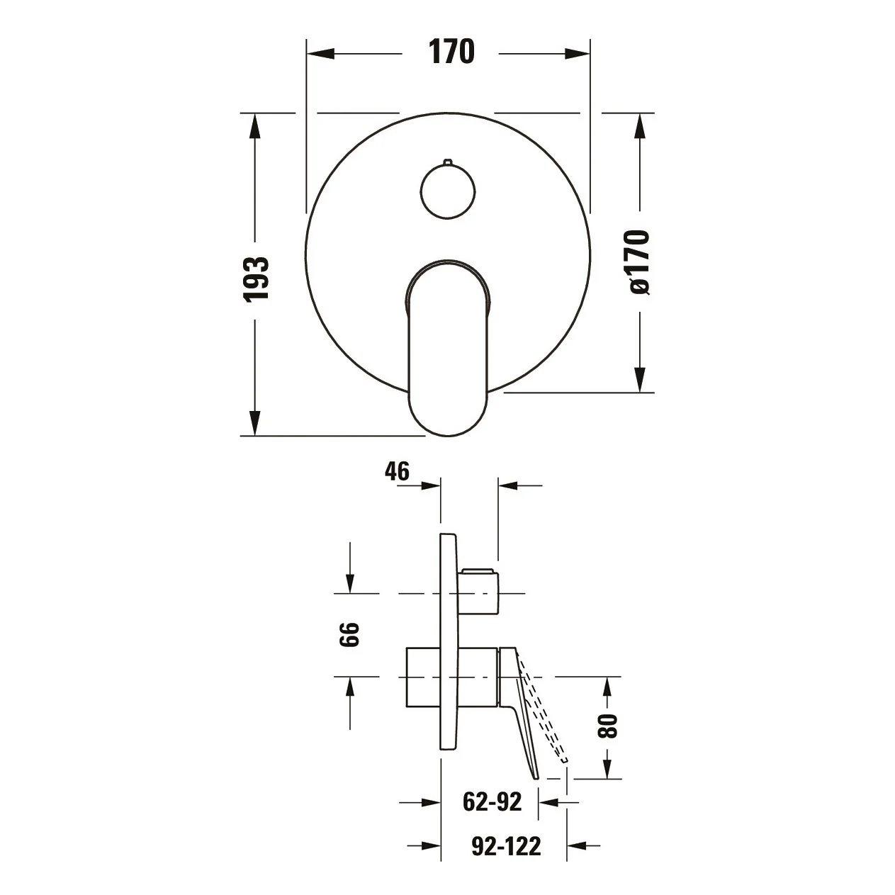 Rysunek techniczny jednouchwytowego mieszacza wannowego z wymiarami, Duravit