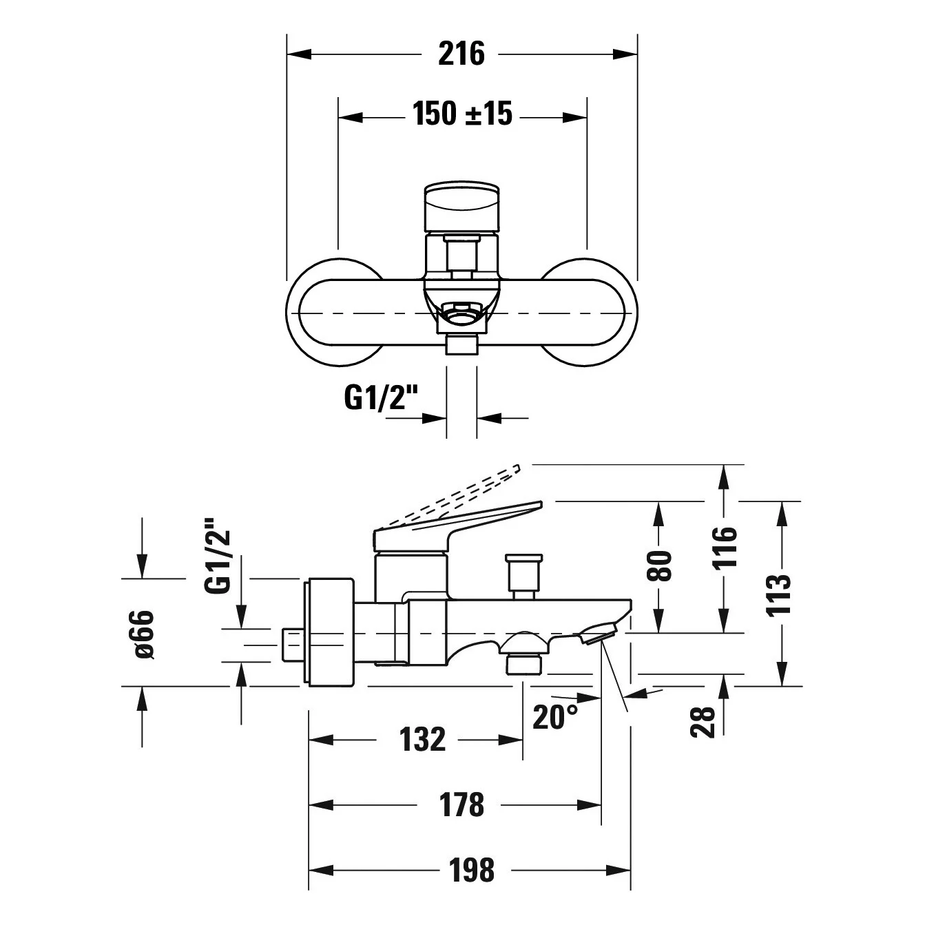 Rysunek techniczny jednouchwytowego mieszacza wannowego z wymiarami, Duravit