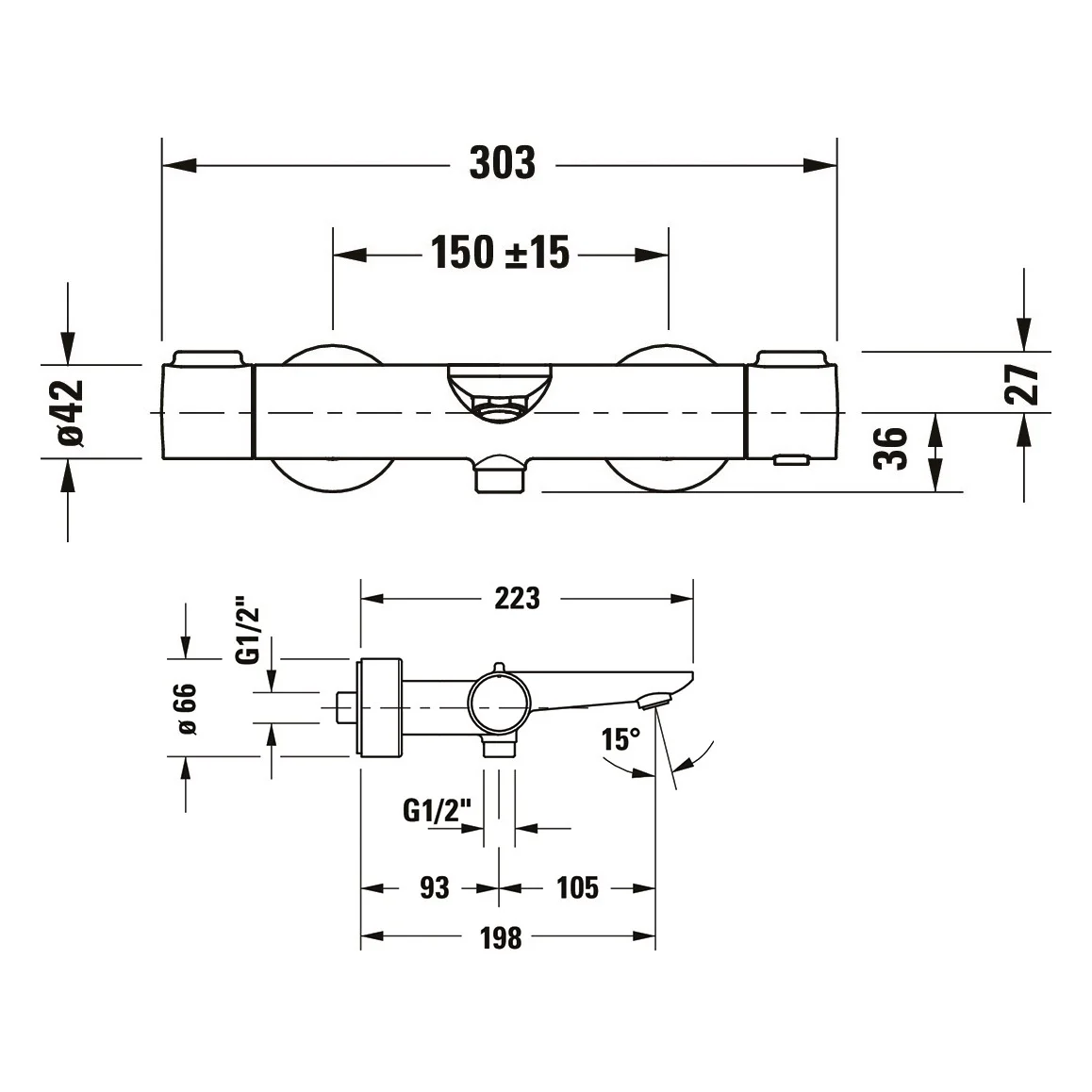 Rysunek techniczny natynkowego termostatu wannowego, Duravit