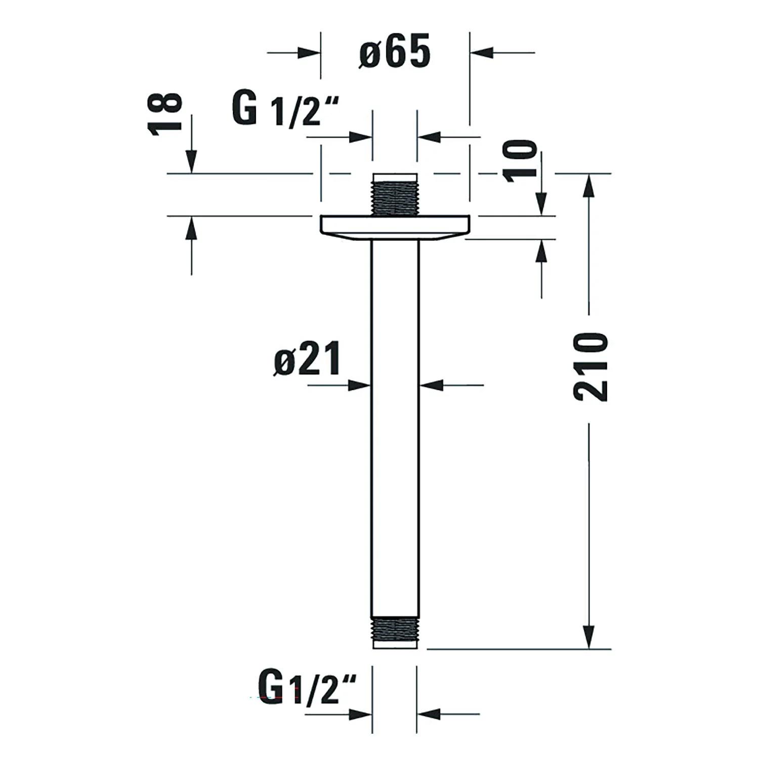 Rysunek techniczny pionowego ramienia prysznicowego z wymiarami, Duravit
