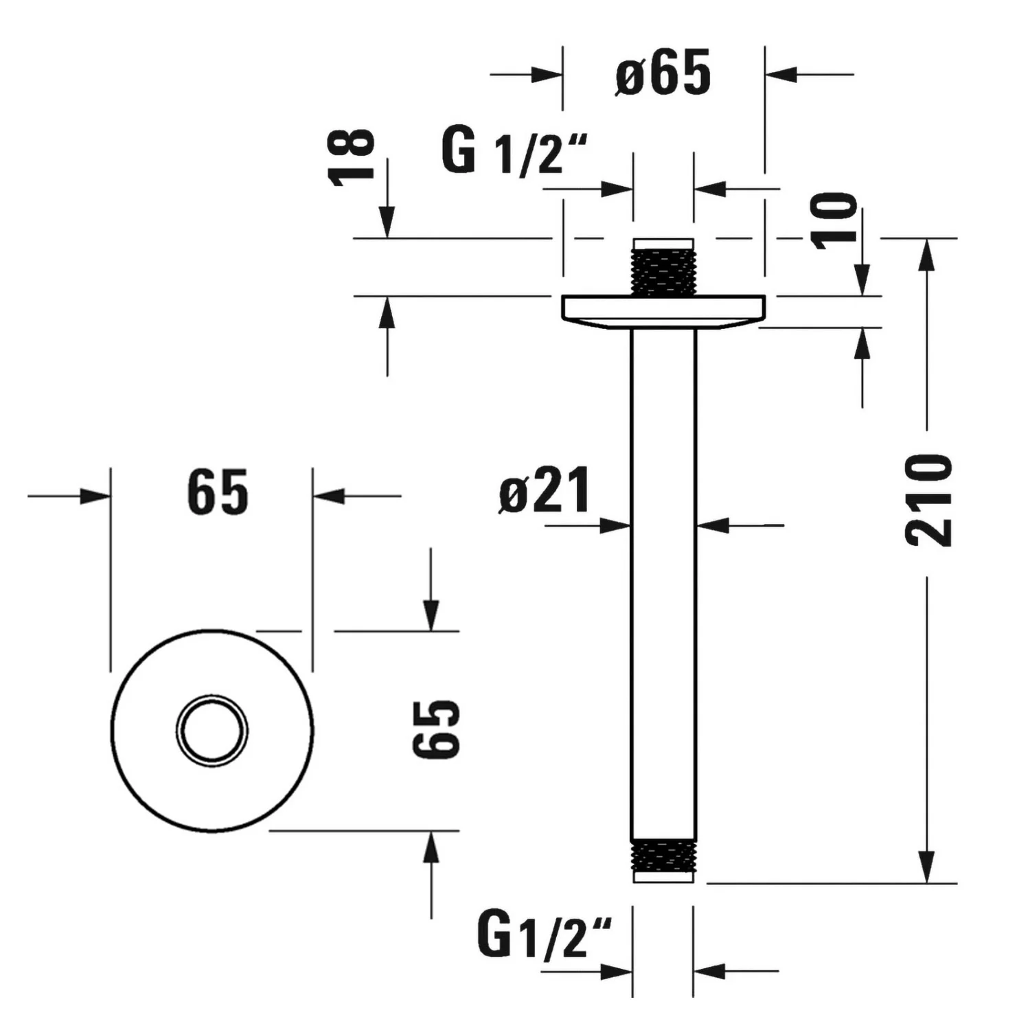 Rysunek techniczny ramienia prysznicowego z wymiarami, Duravit