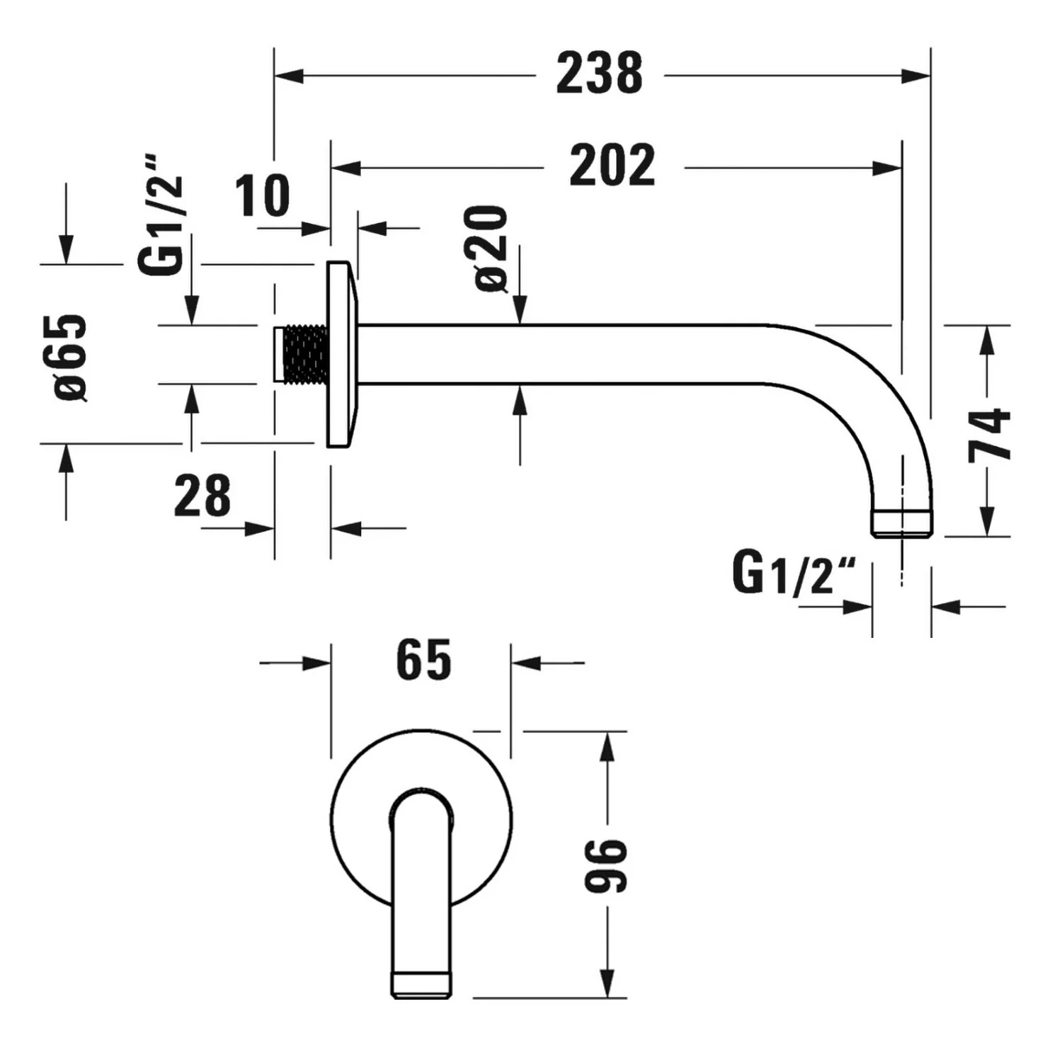 Rysunek techniczny ramienia prysznicowego z wymiarami, Duravit