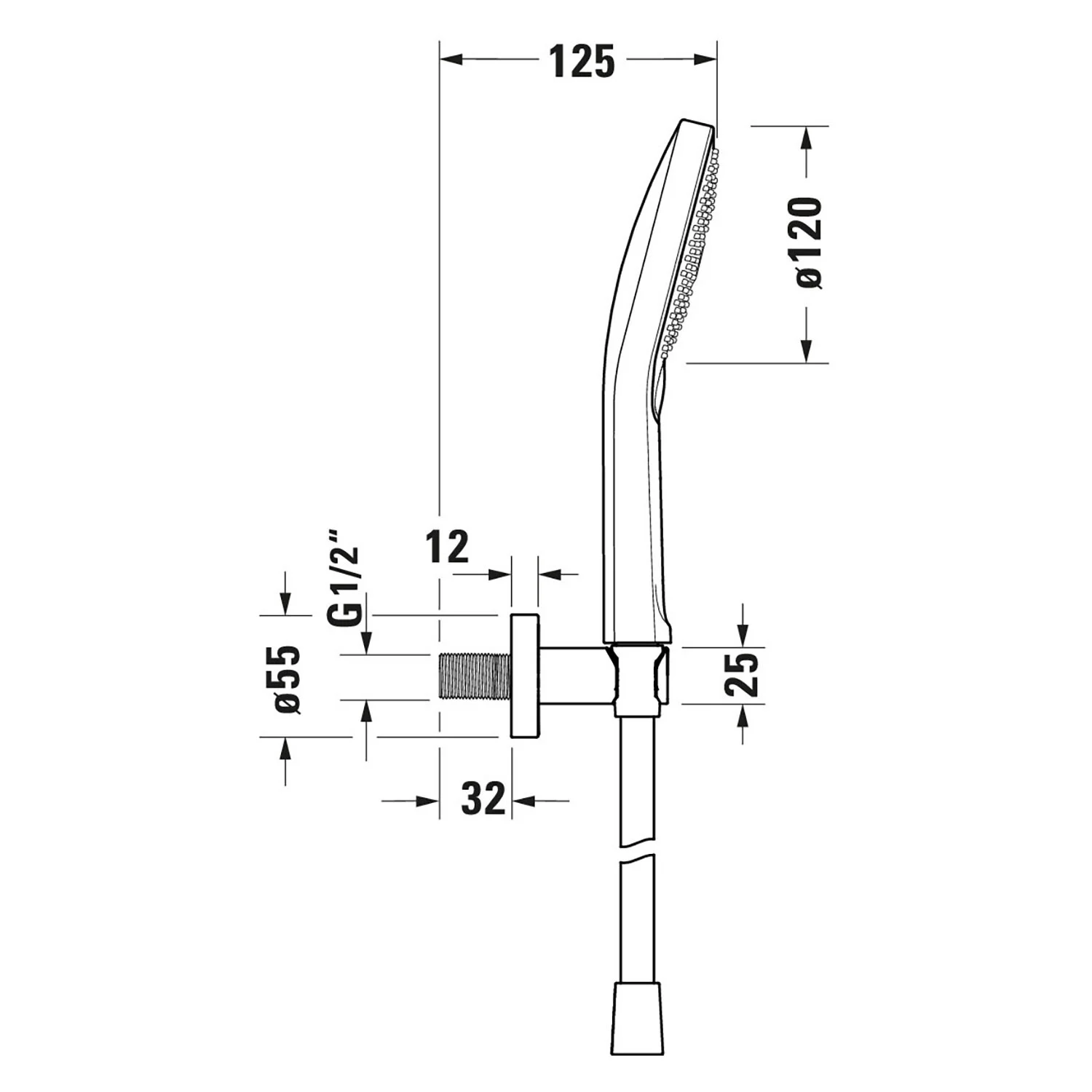 Rysunek techniczny uchwytu prysznicowego z wymiarami, Duravit