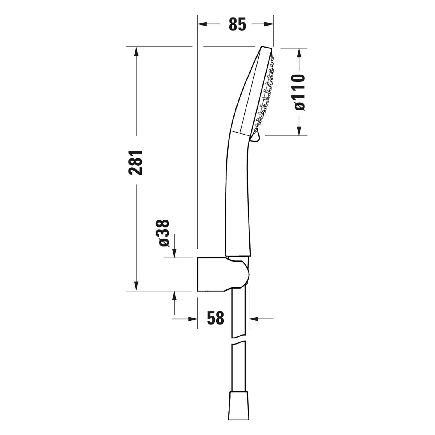 Rysunek techniczny uchwytu prysznicowego z wymiarami, Duravit