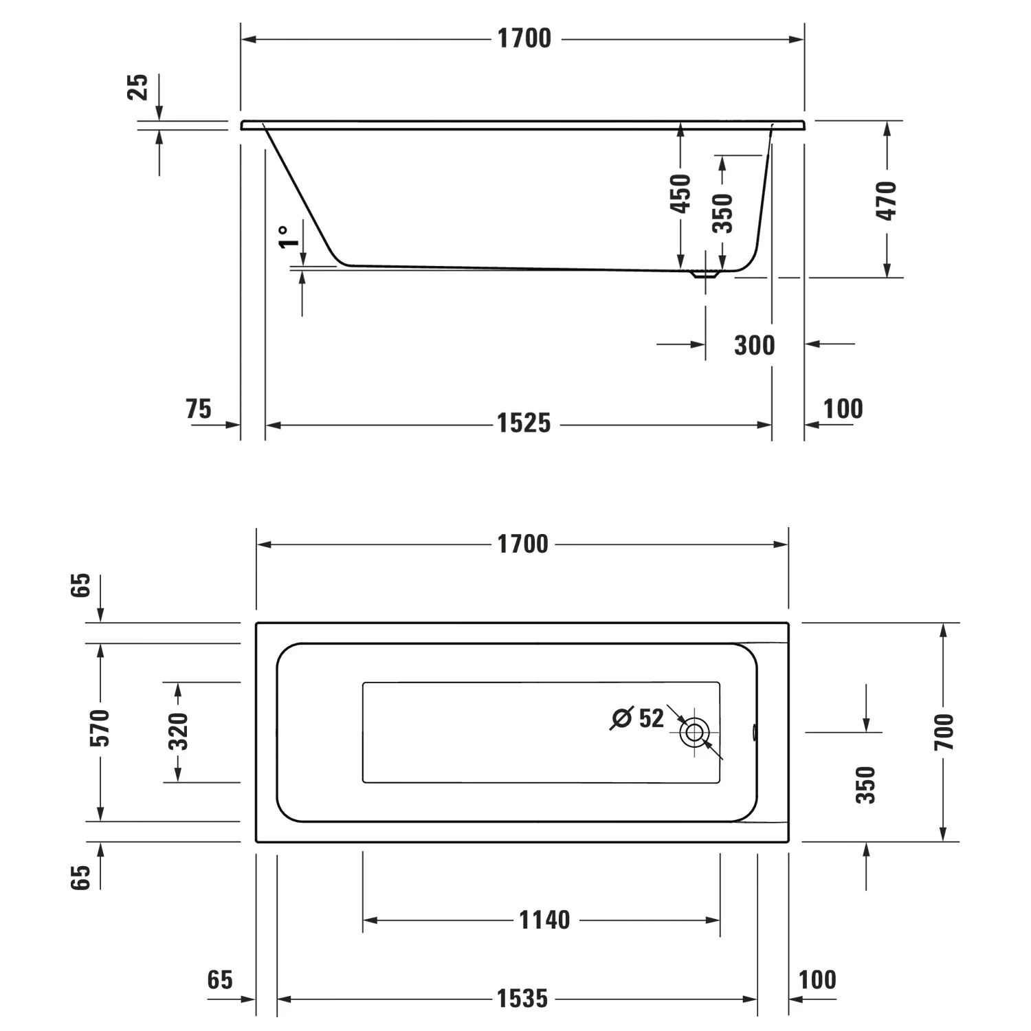 Rysunek techniczny wanny z wymiarami, Duravit