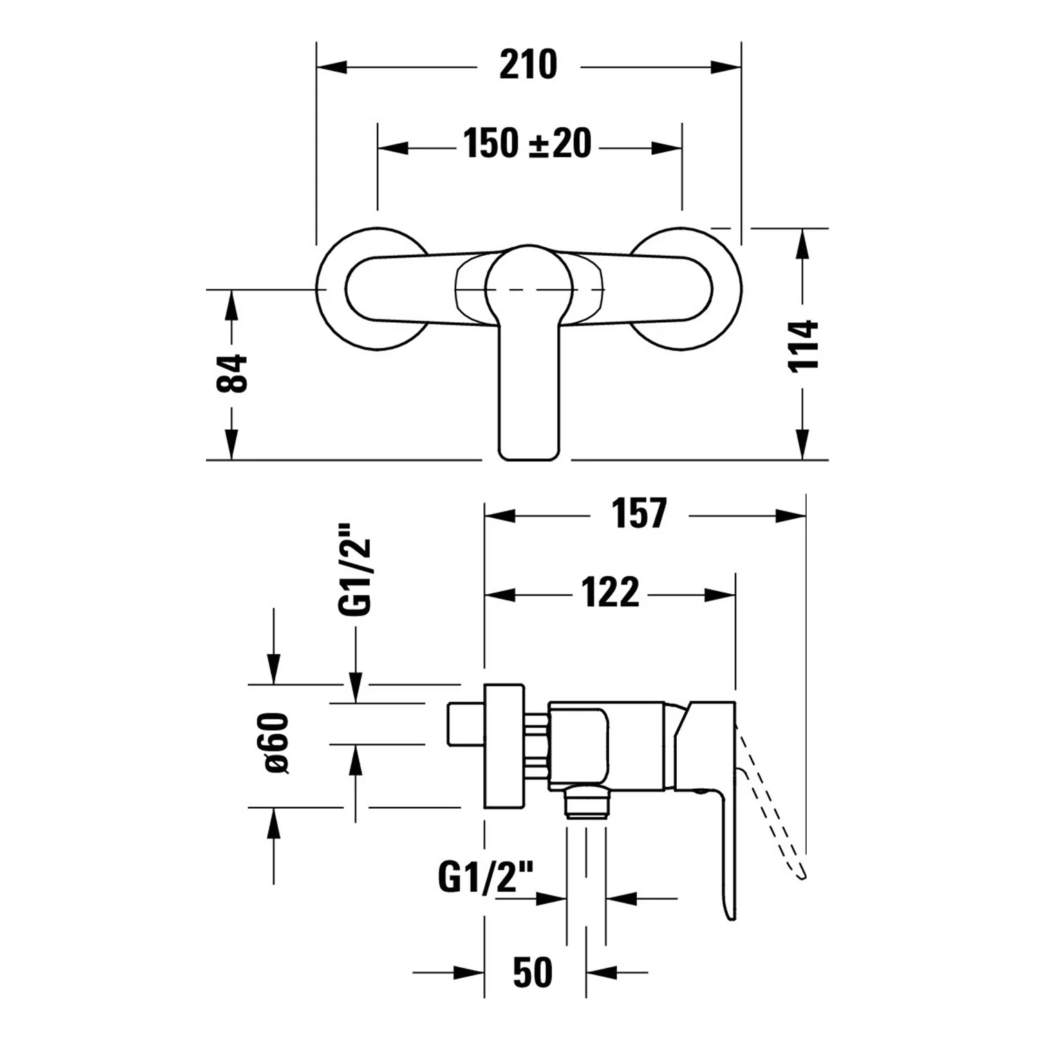 Rysunek techniczny mieszacza prysznicowego z wymiarami, Duravit