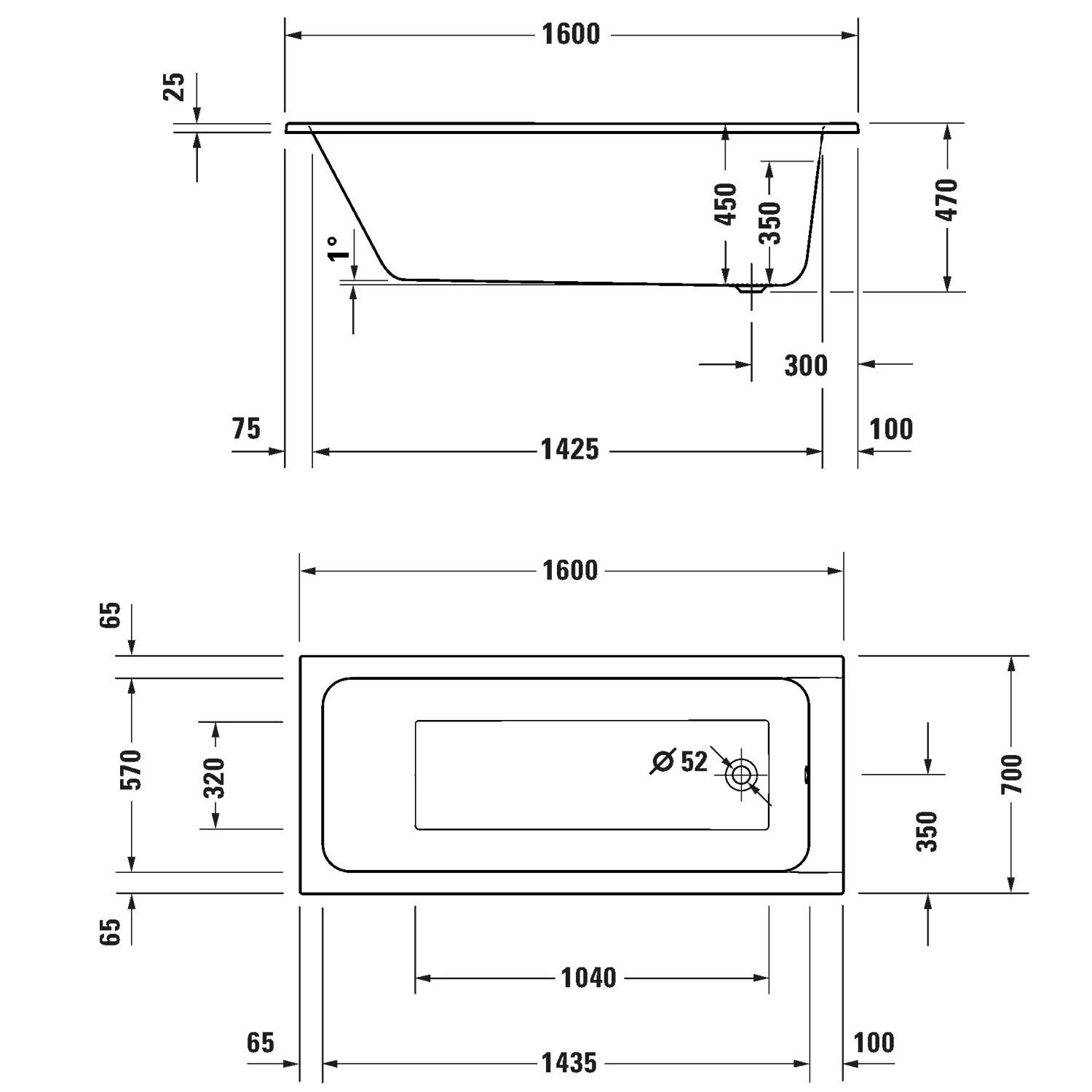 Rysunek techniczny wanny, wymiary 160 cm, Duravit