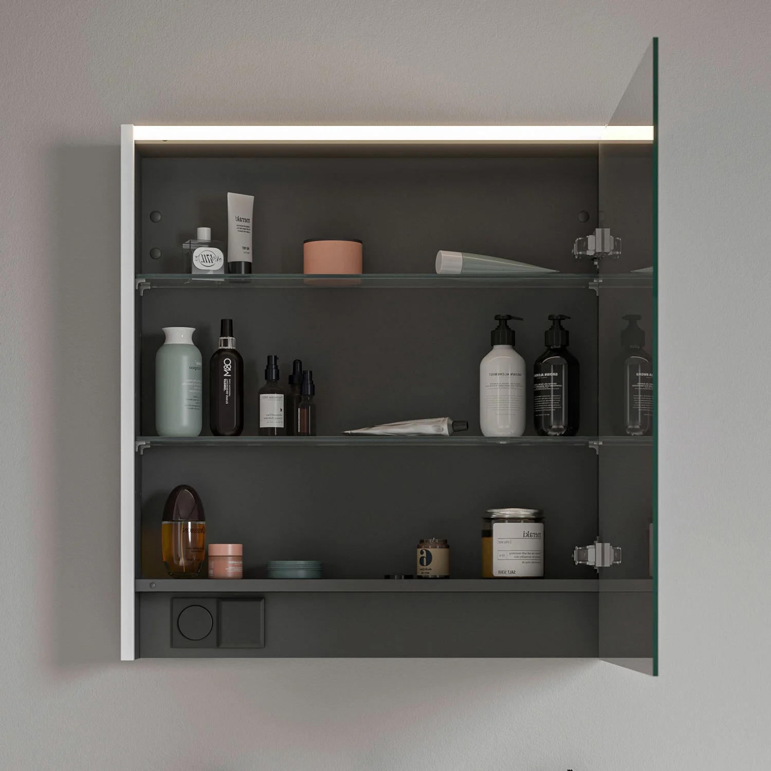 Otwarta szafka z lustrem z oświetleniem LED w łazience, Duravit