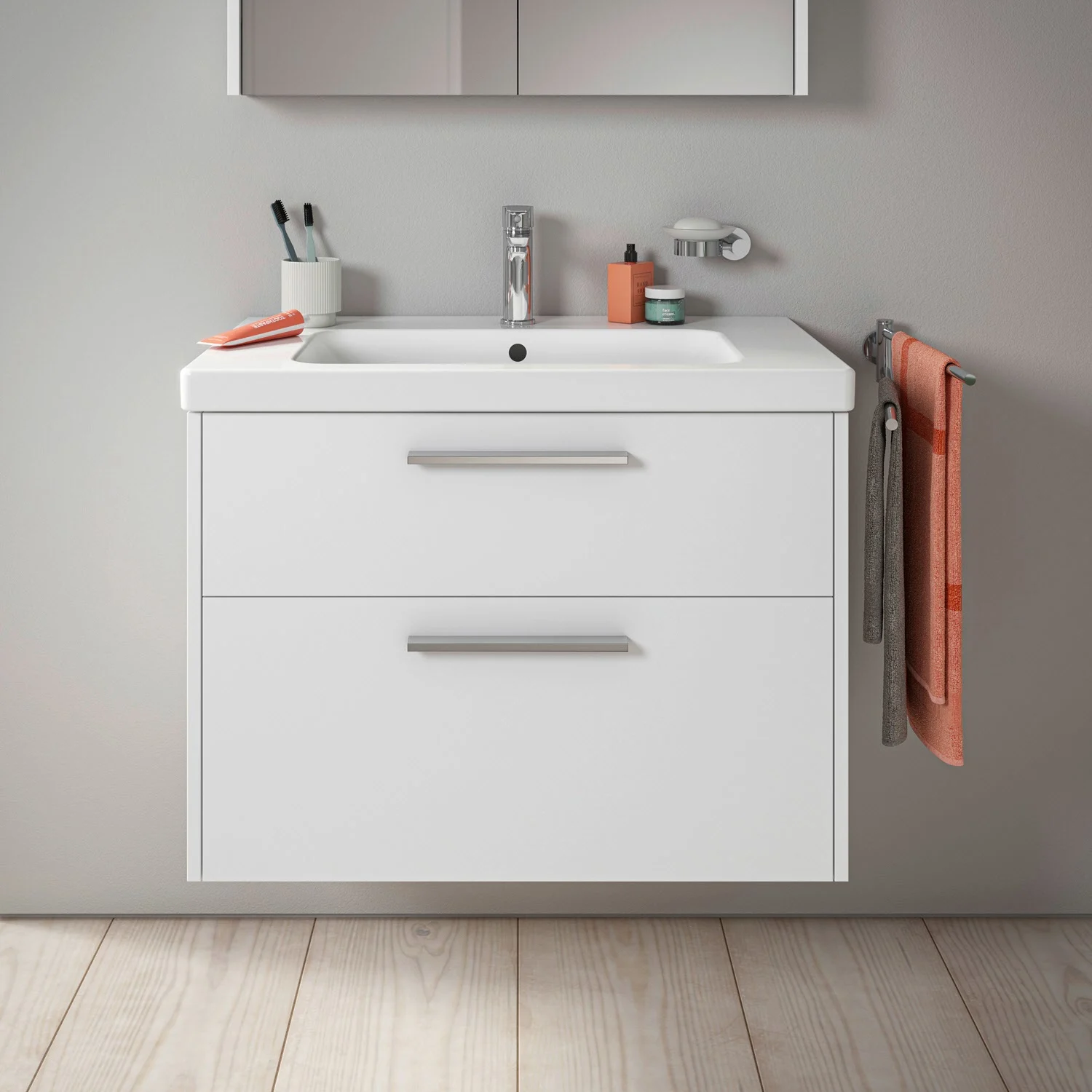 Duravit D-Code Waschtischunterschrank 80 cm mit Keramikwaschtisch, mit 2 Auszügen, Griff chrom