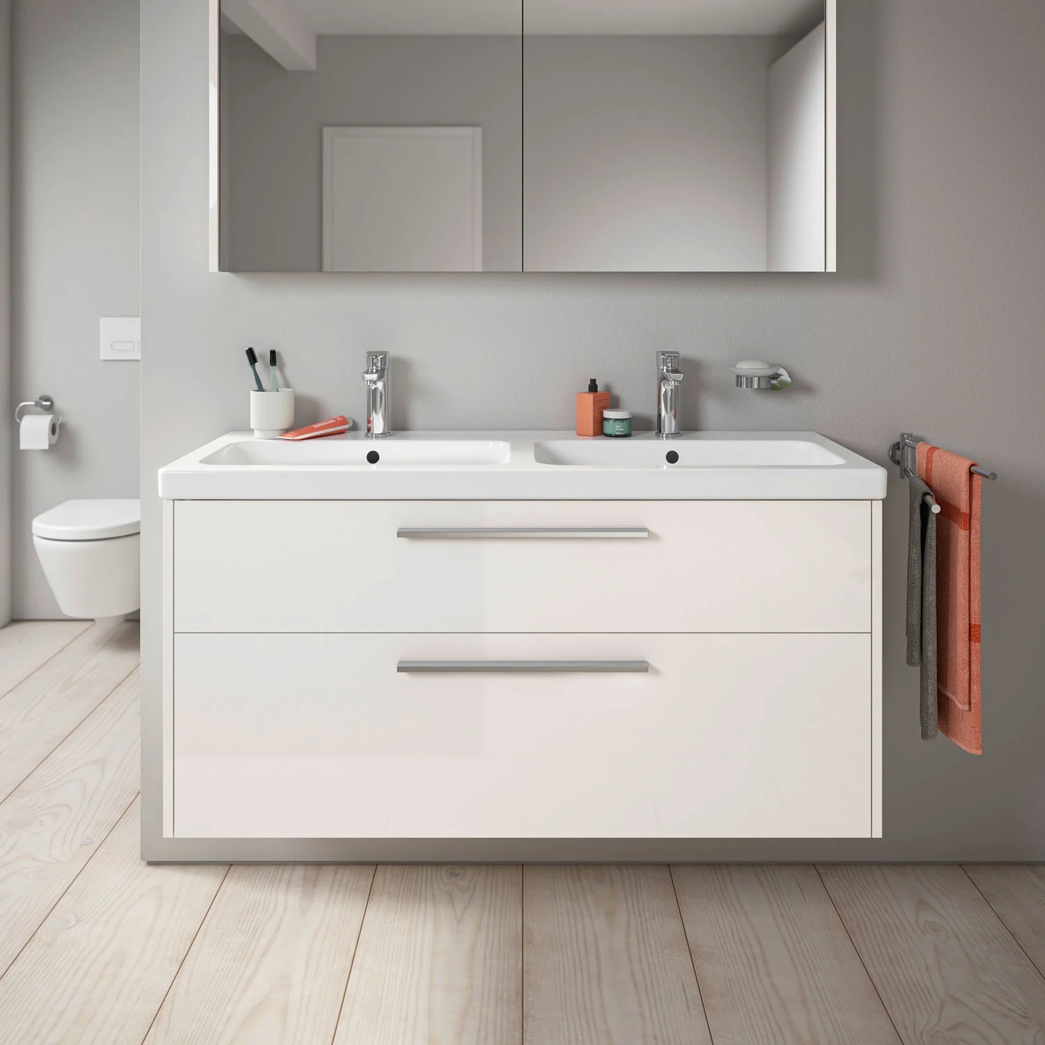 Jasna umywalka z szafką w łazience, Duravit