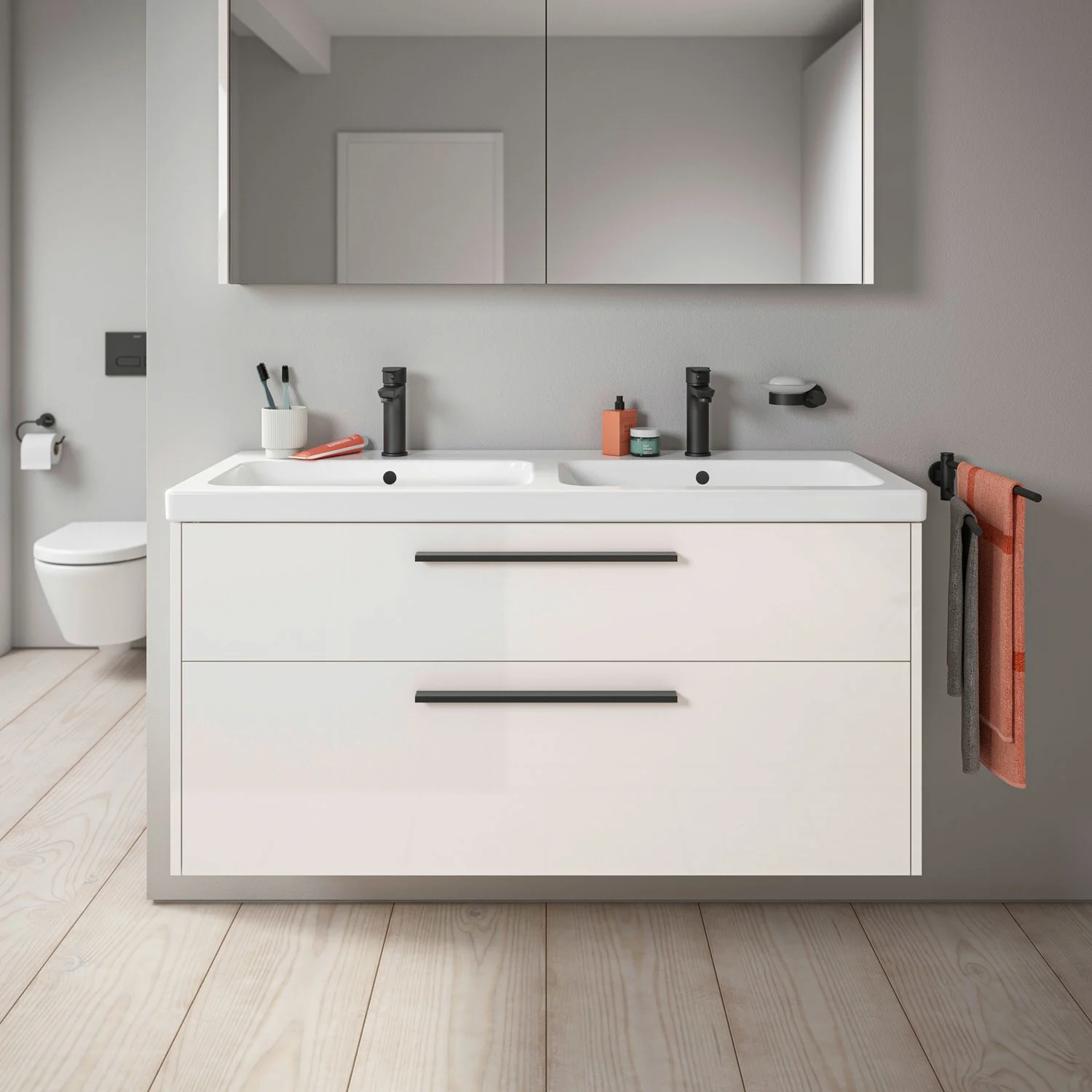 Beżowa podwójna umywalka w łazience, Duravit