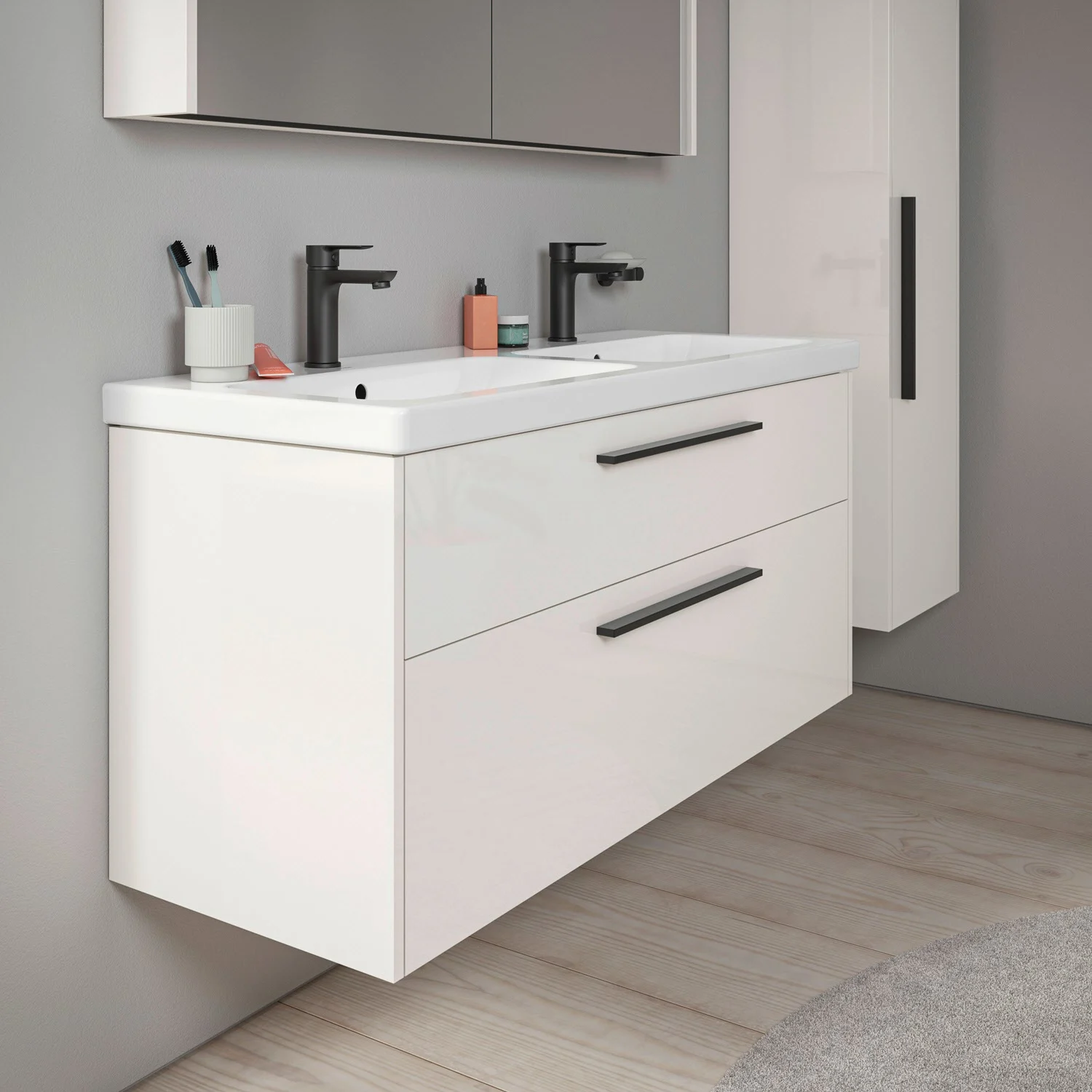 Biała umywalka z szafką w łazience, Duravit