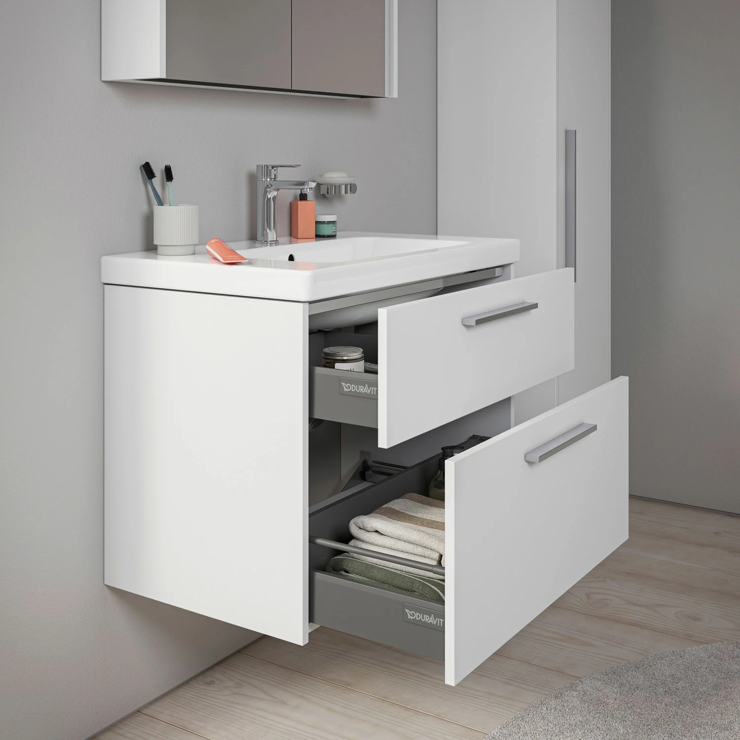 Duravit D-Code Waschtischunterschrank 80 cm mit Keramikwaschtisch, mit 2 Auszügen, Griff chrom Bild 7