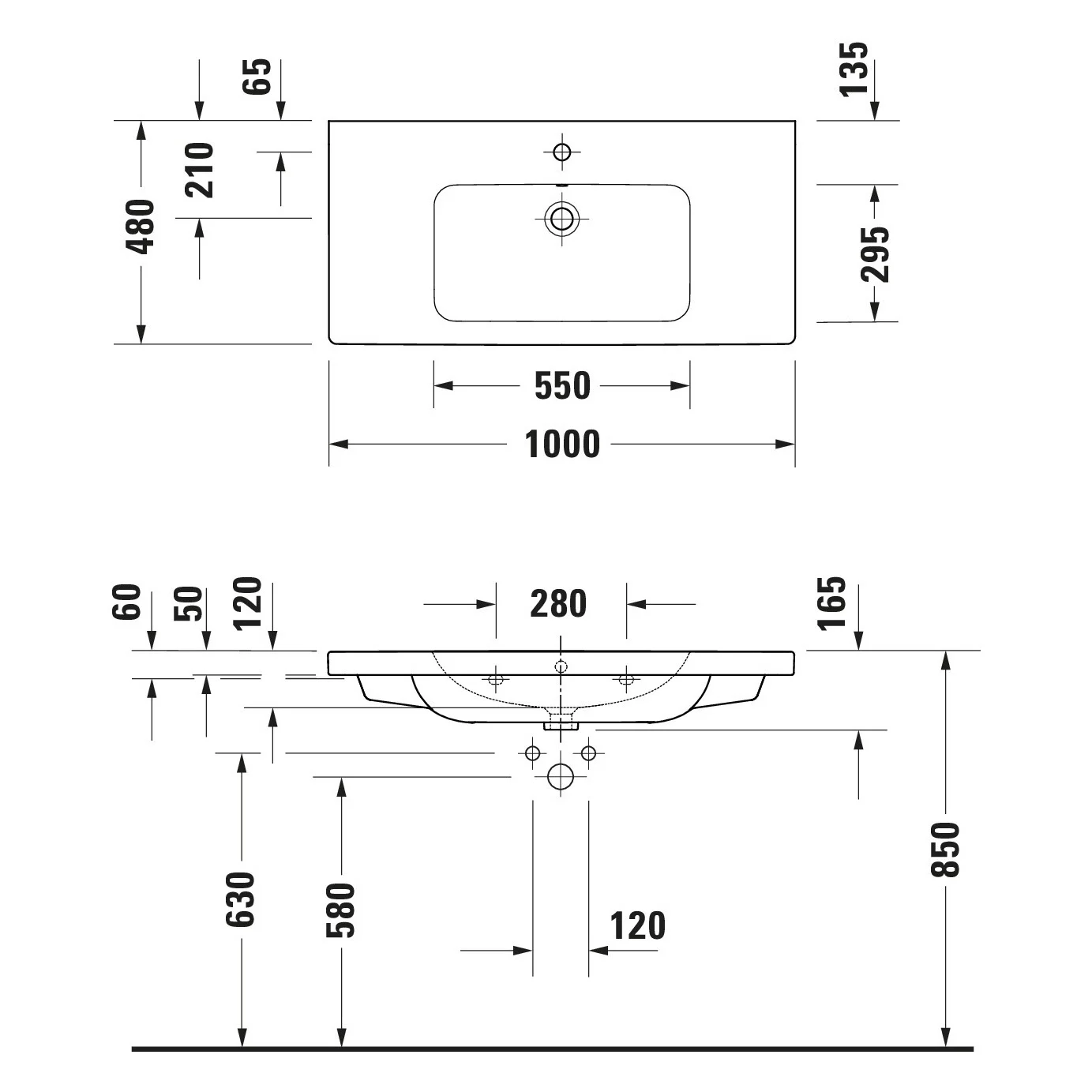 Rysunek techniczny umywalki 100 cm, Duravit