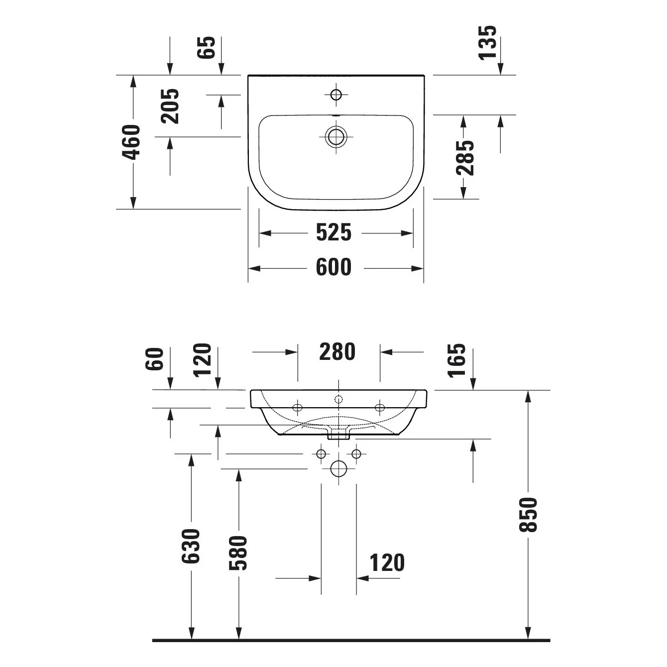 Rysunek techniczny umywalki 60 cm, Duravit