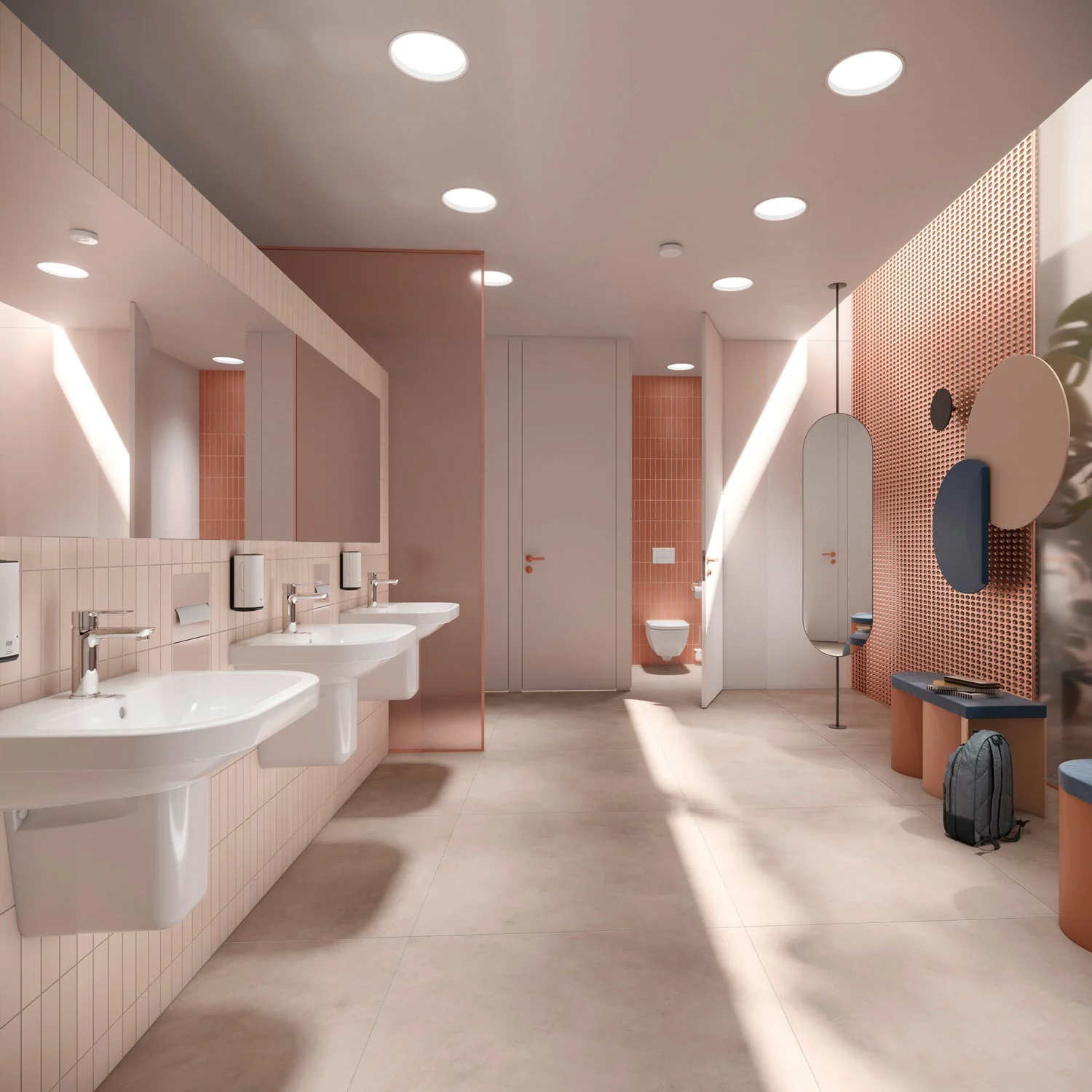 Łazienka z wieloma umywalkami i lustrami, Duravit