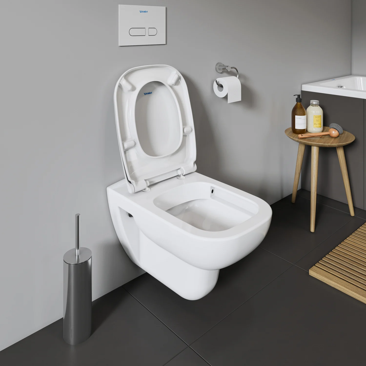 Toaleta z boku z otwartą pokrywą w łazience, Duravit