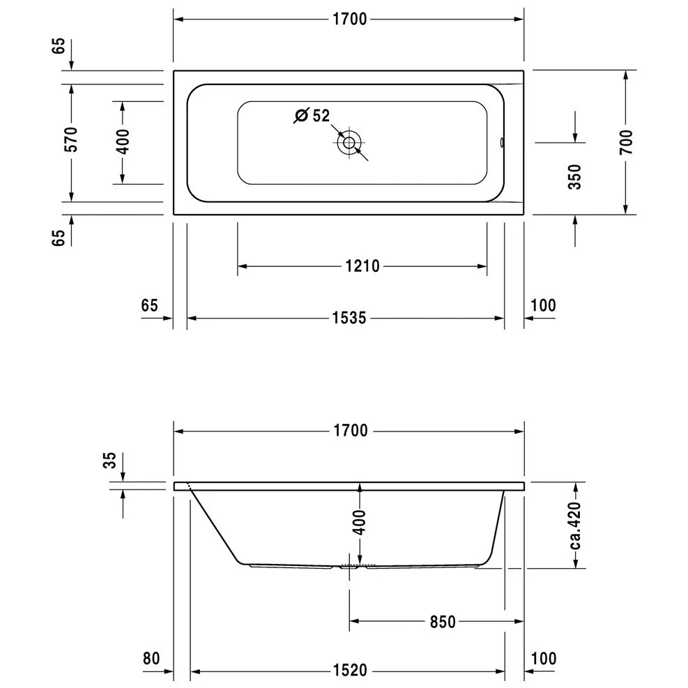 Rysunek techniczny prostokątnej wanny 170 cm, Duravit