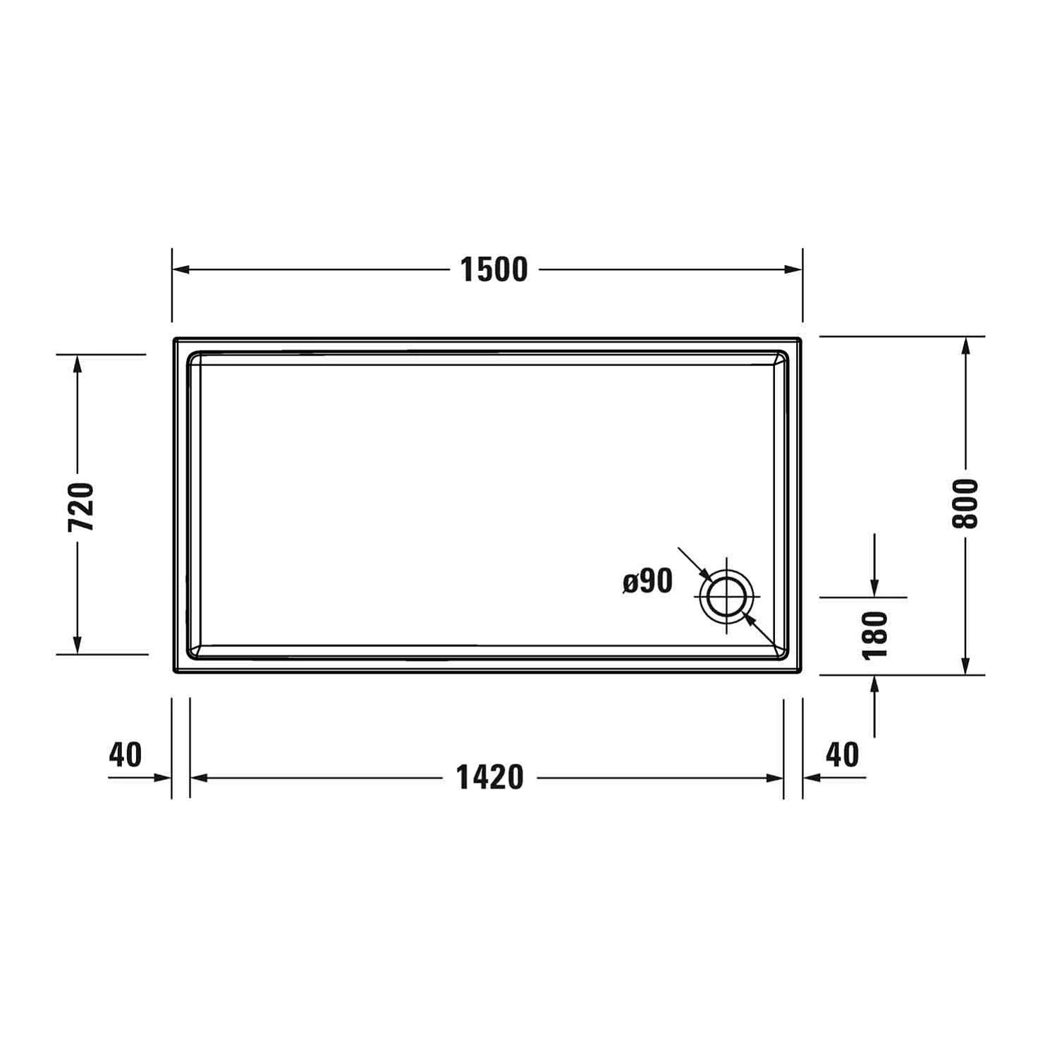 Rysunek techniczny brodzika z góry, Duravit