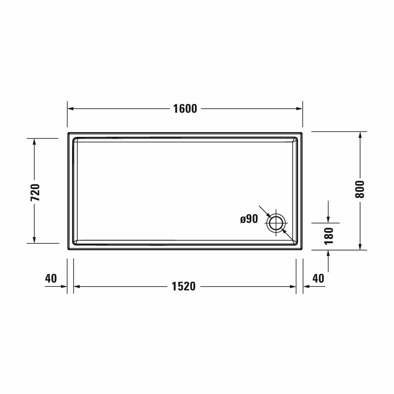 Rysunek techniczny prostokątnej brodzika 1600 mm, Duravit