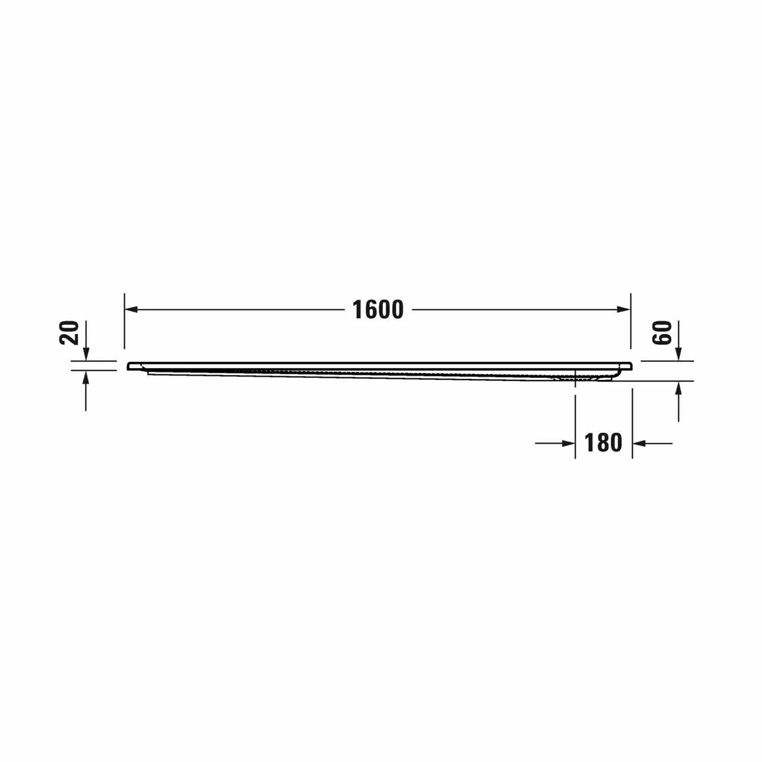 Widok boczny rysunku technicznego brodzika 1600 mm, Duravit