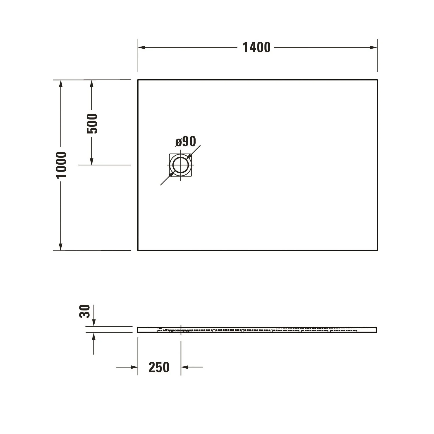 Rysunek techniczny brodzika 140x100 cm, Duravit