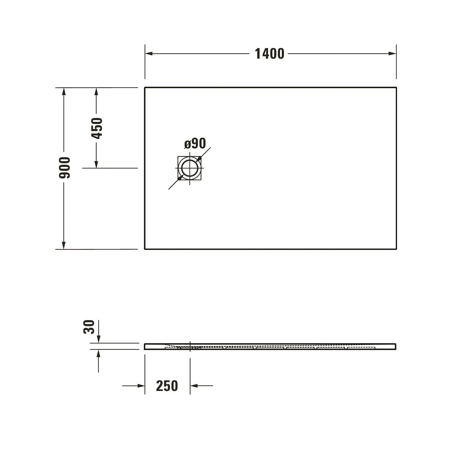 Rysunek techniczny brodzika 140x90 cm, Duravit