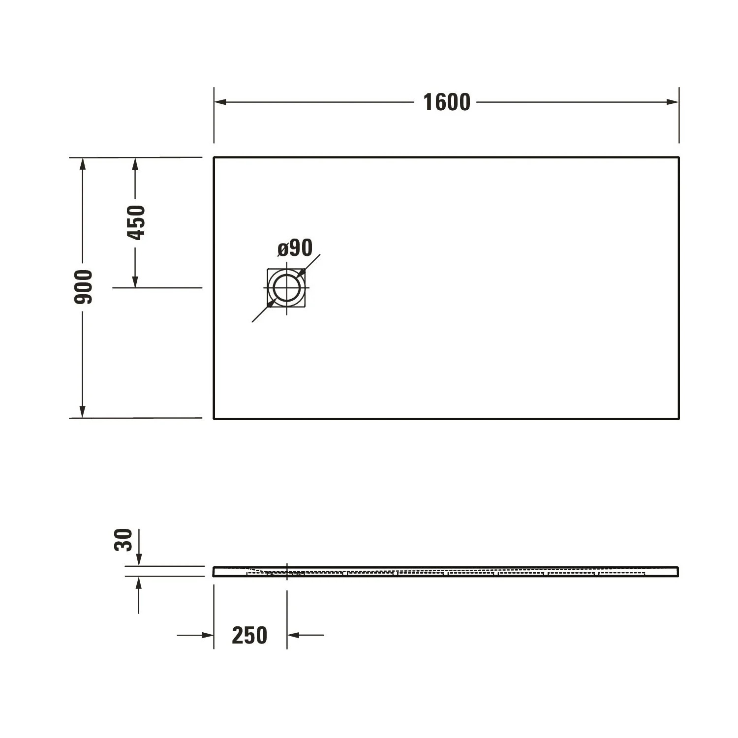 Rysunek techniczny brodzika 160x90 cm, Duravit