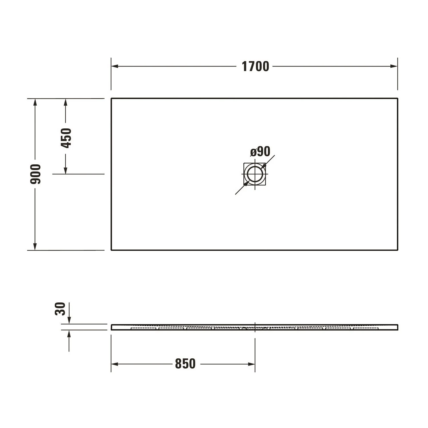 Rysunek techniczny brodzika 170x90 cm, Duravit