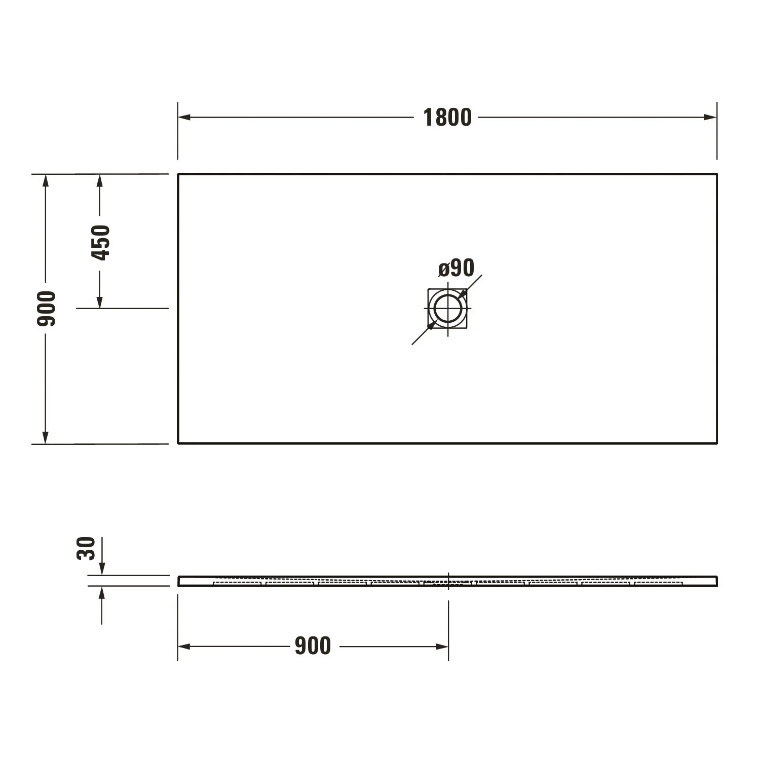 Rysunek techniczny brodzika 180x90 cm, Duravit