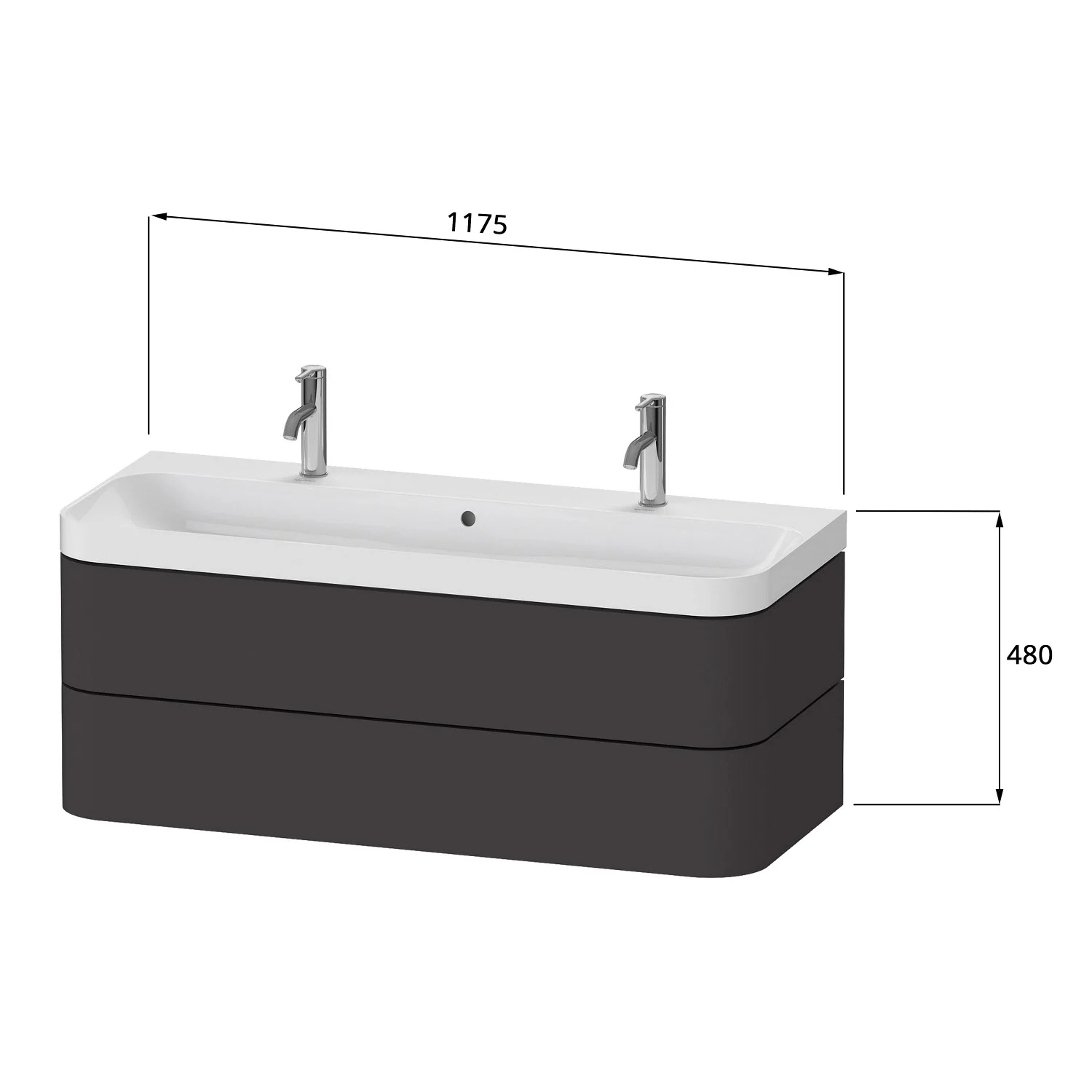 Rysunek techniczny umywalki z wymiarami, Duravit