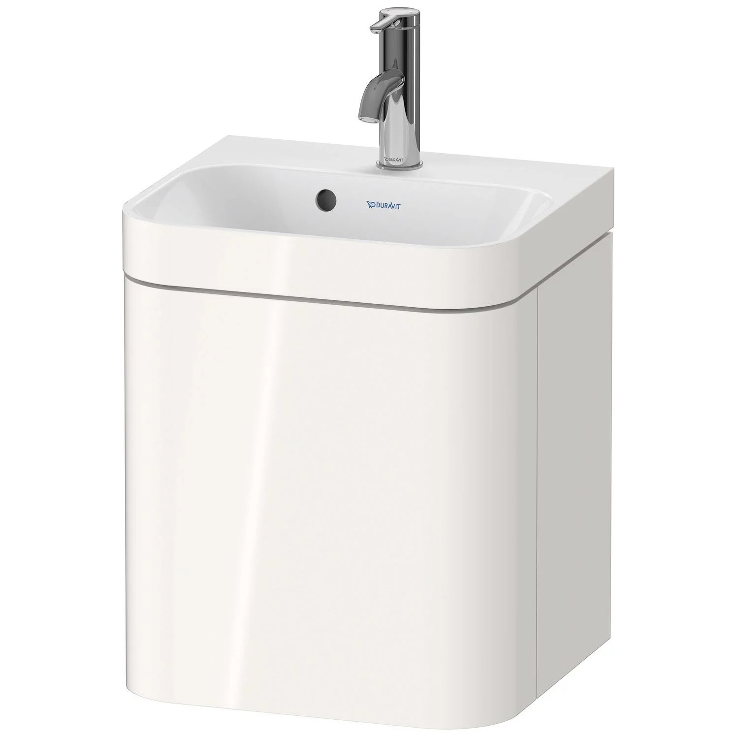 Widok z przodu białej umywalki z baterią, Duravit