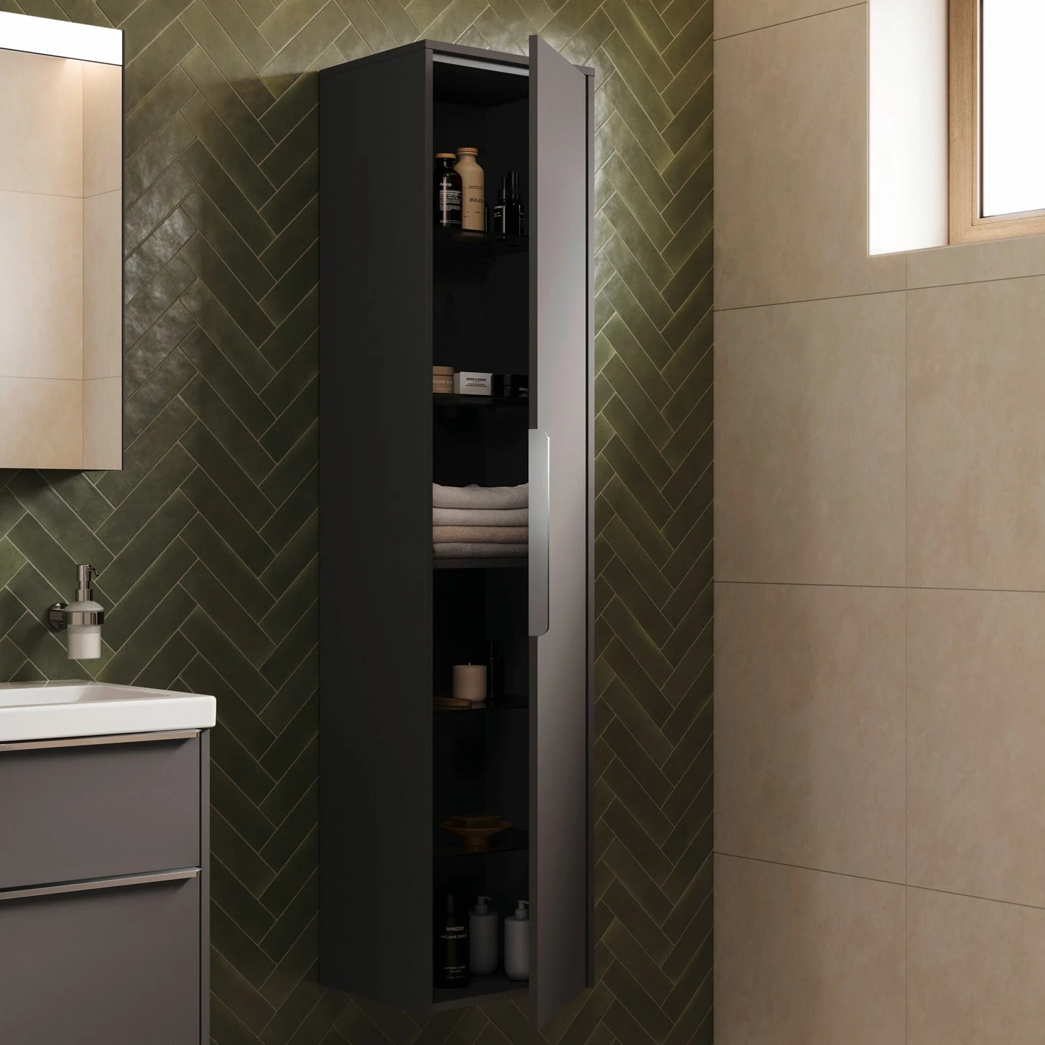 Otwarta szara szafka w łazience, Duravit