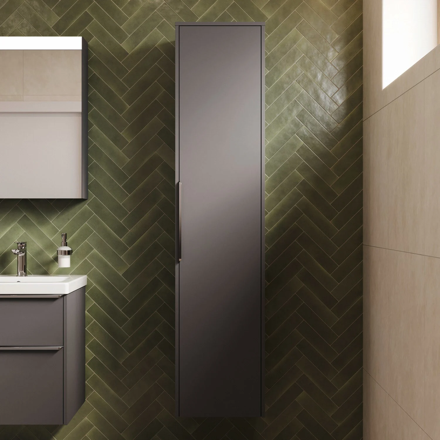 Szara wysoka szafka w łazience, zbliżenie, Duravit