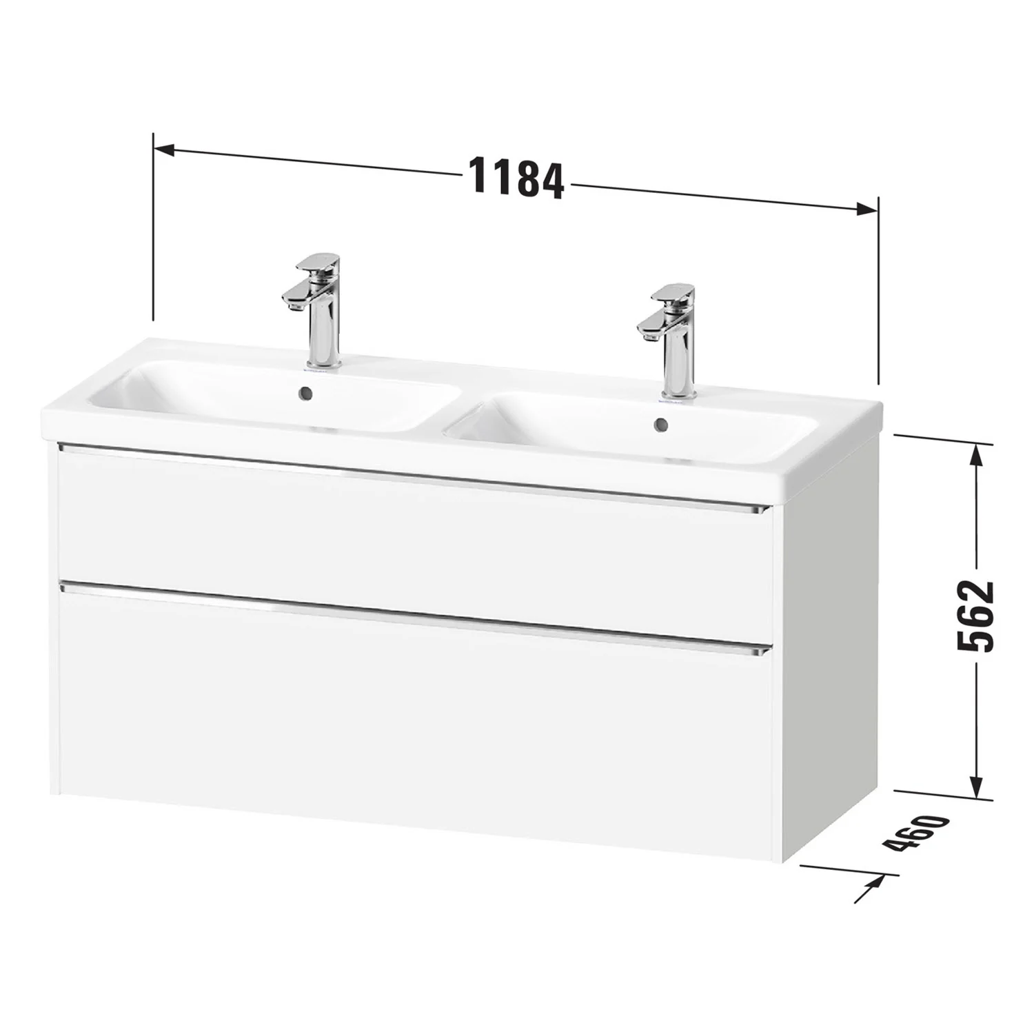 Rysunek techniczny podwójnej umywalki z wymiarami, Duravit