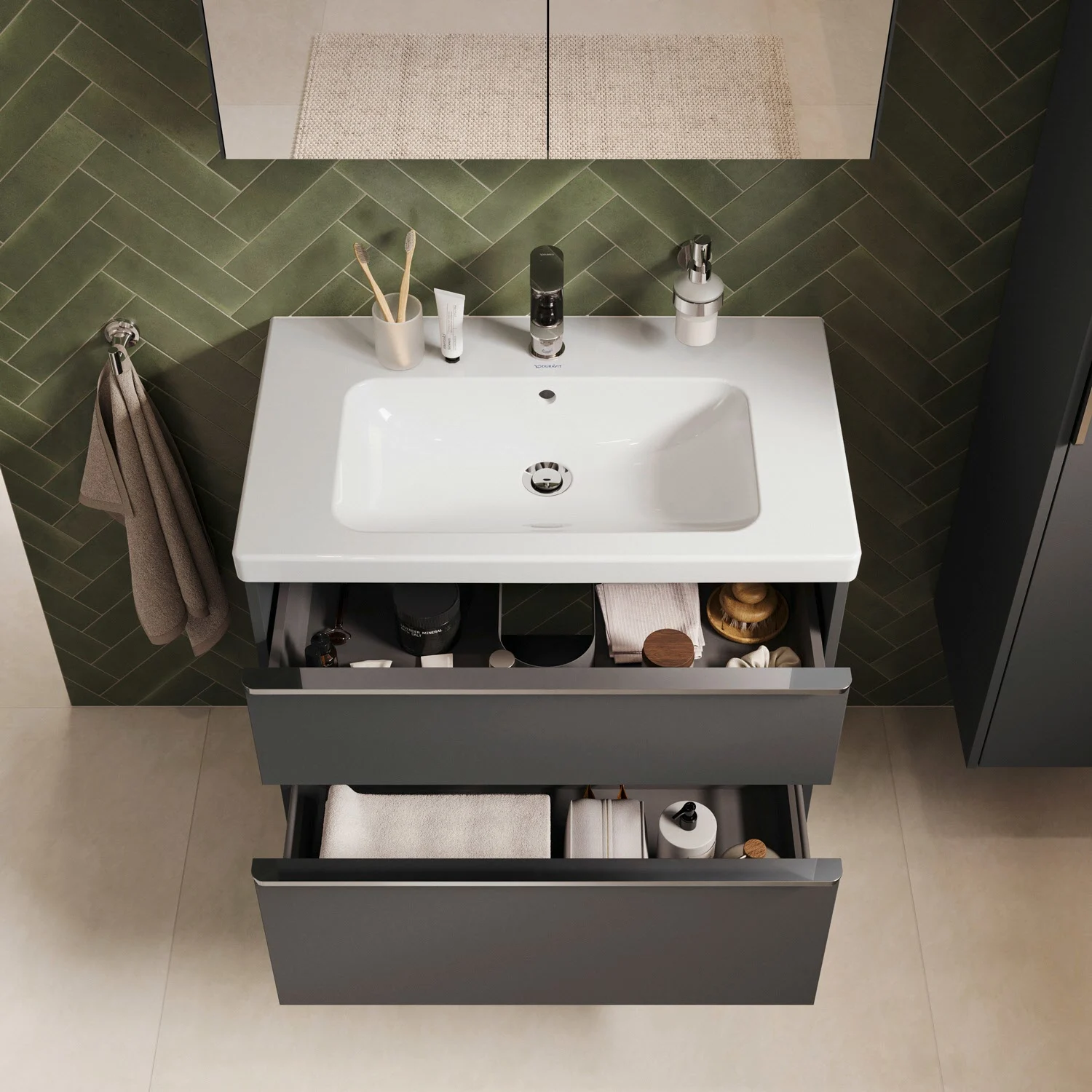 Umywalka z ciemną szafką w łazience, Duravit
